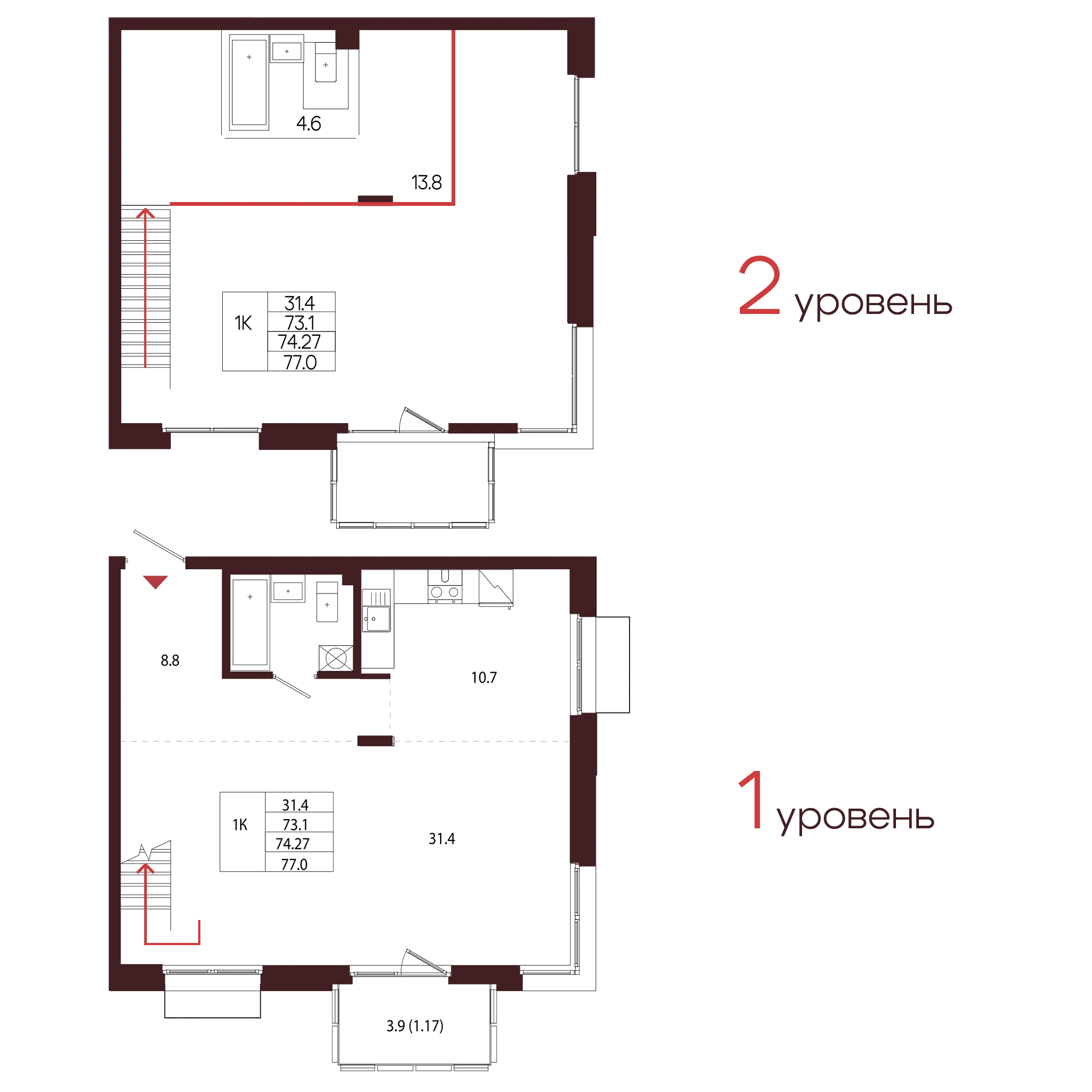 Планировка 1-комнатная 74,3 м² в ЖК «Город-парк «Лисино» — Город-парк «Лисино»