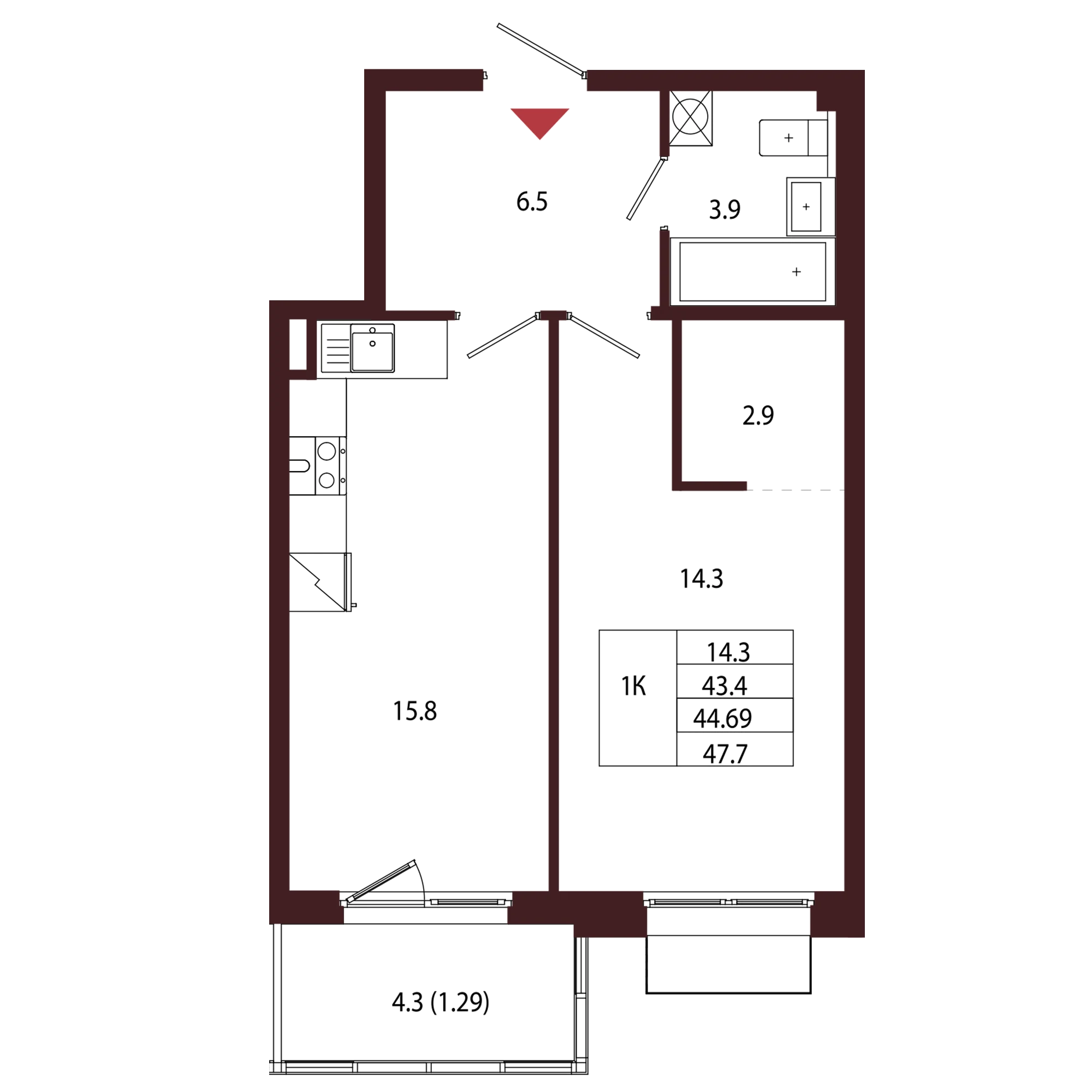 Планировка 1-комнатная 44,7 м² в ЖК «Город-парк «Лисино» — Город-парк «Лисино»