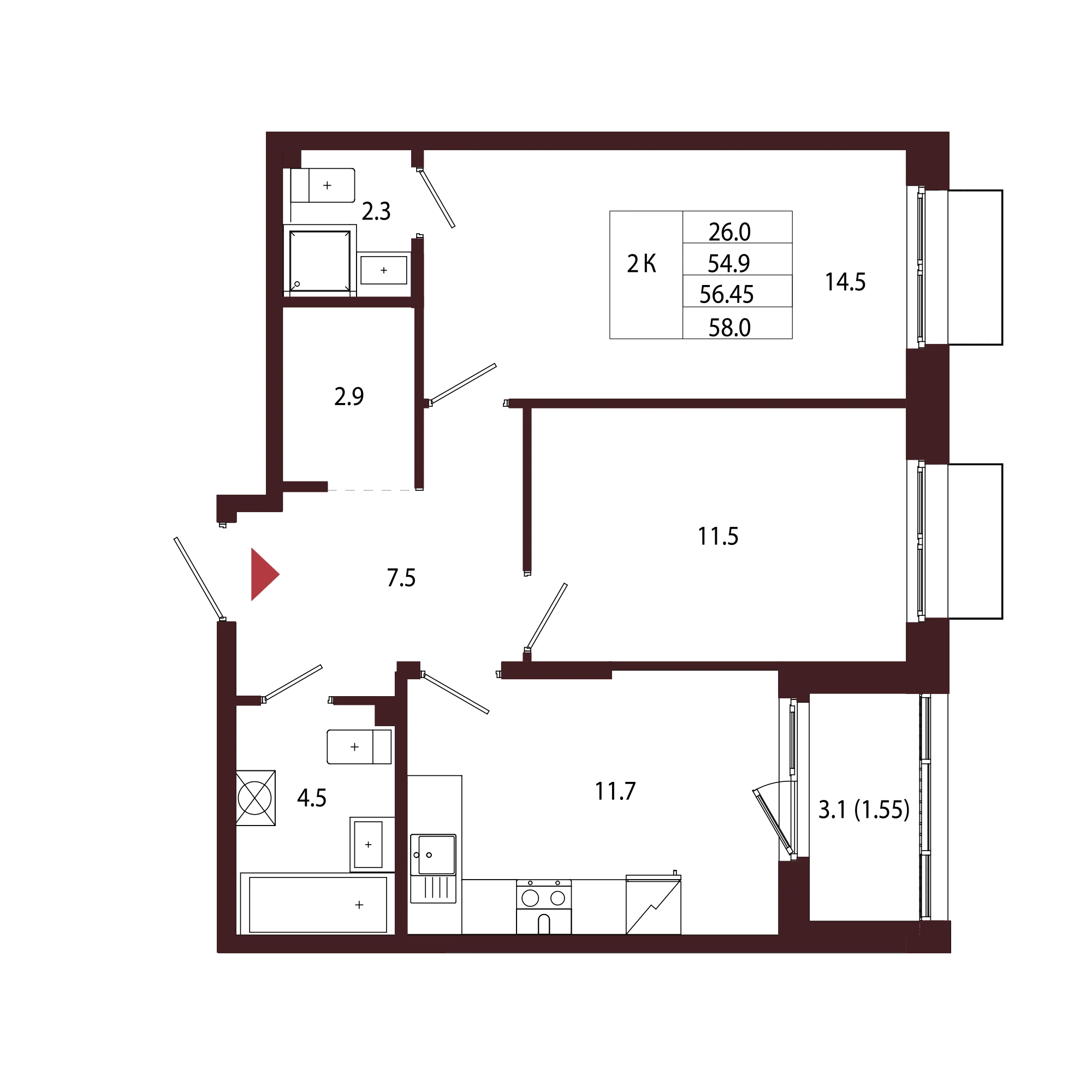 Планировка 2-комнатная 56,5 м² в ЖК «Город-парк «Лисино» — Город-парк «Лисино»