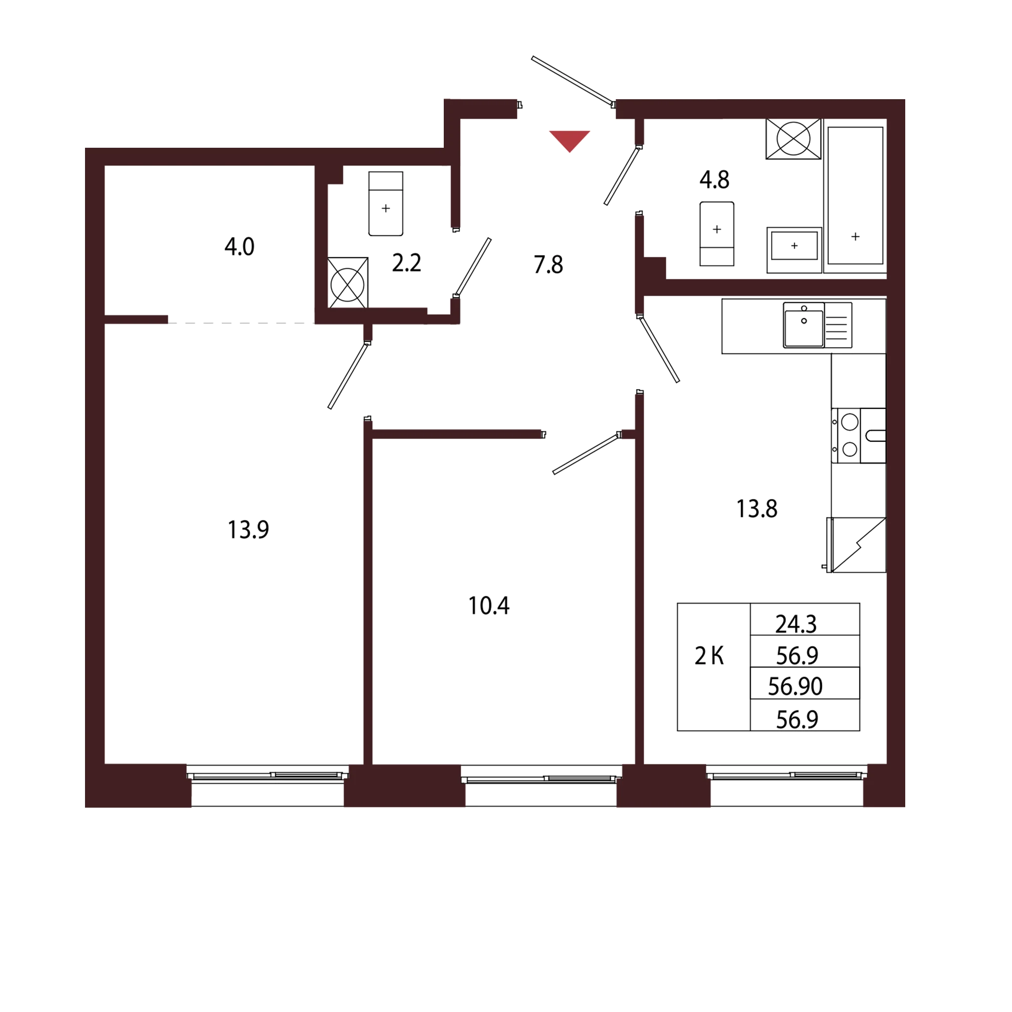 Планировка 2-комнатная 56,9 м² в ЖК «Город-парк «Лисино» — Город-парк «Лисино»