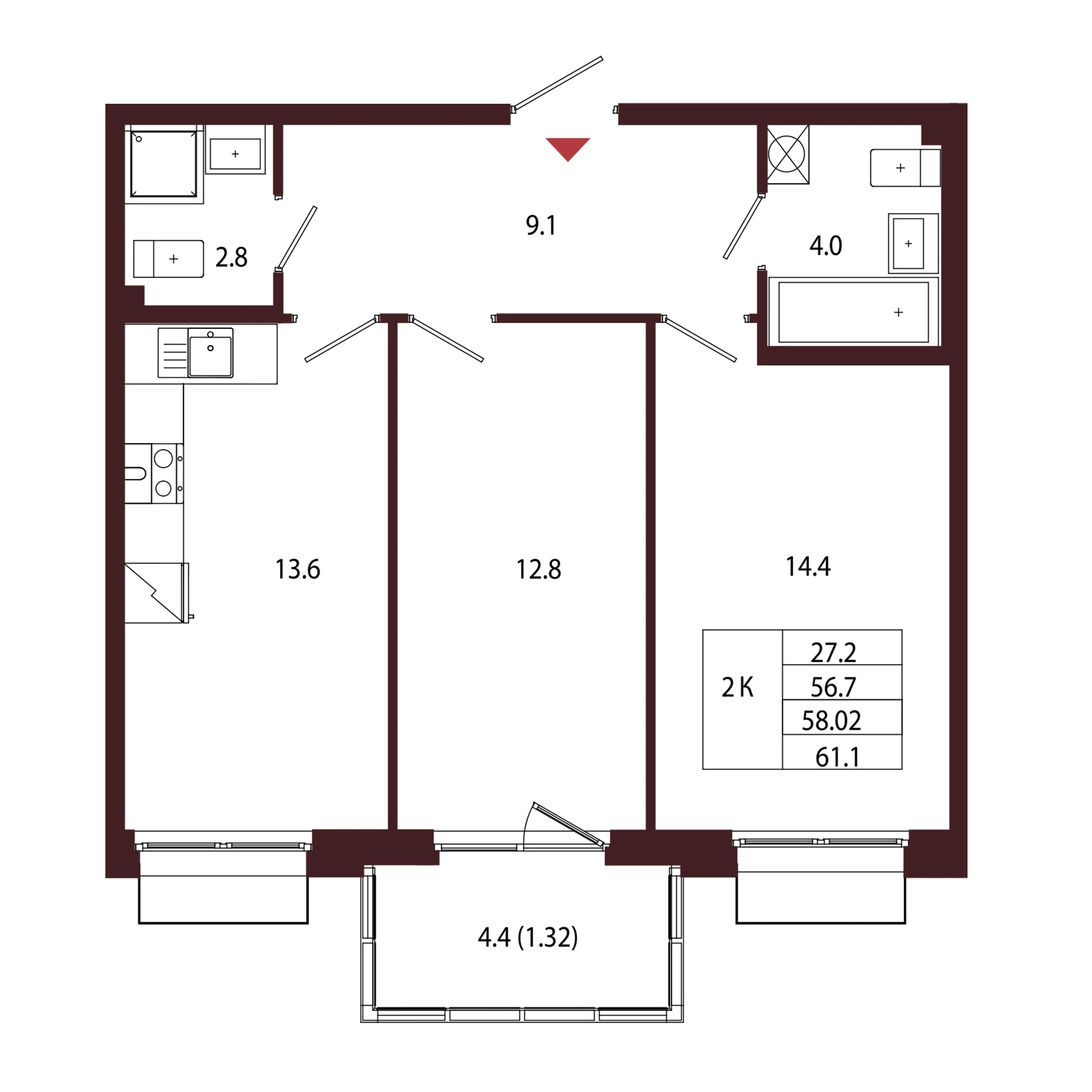 Планировка 2-комнатная 58 м² в ЖК «Город-парк «Лисино» — Город-парк «Лисино»
