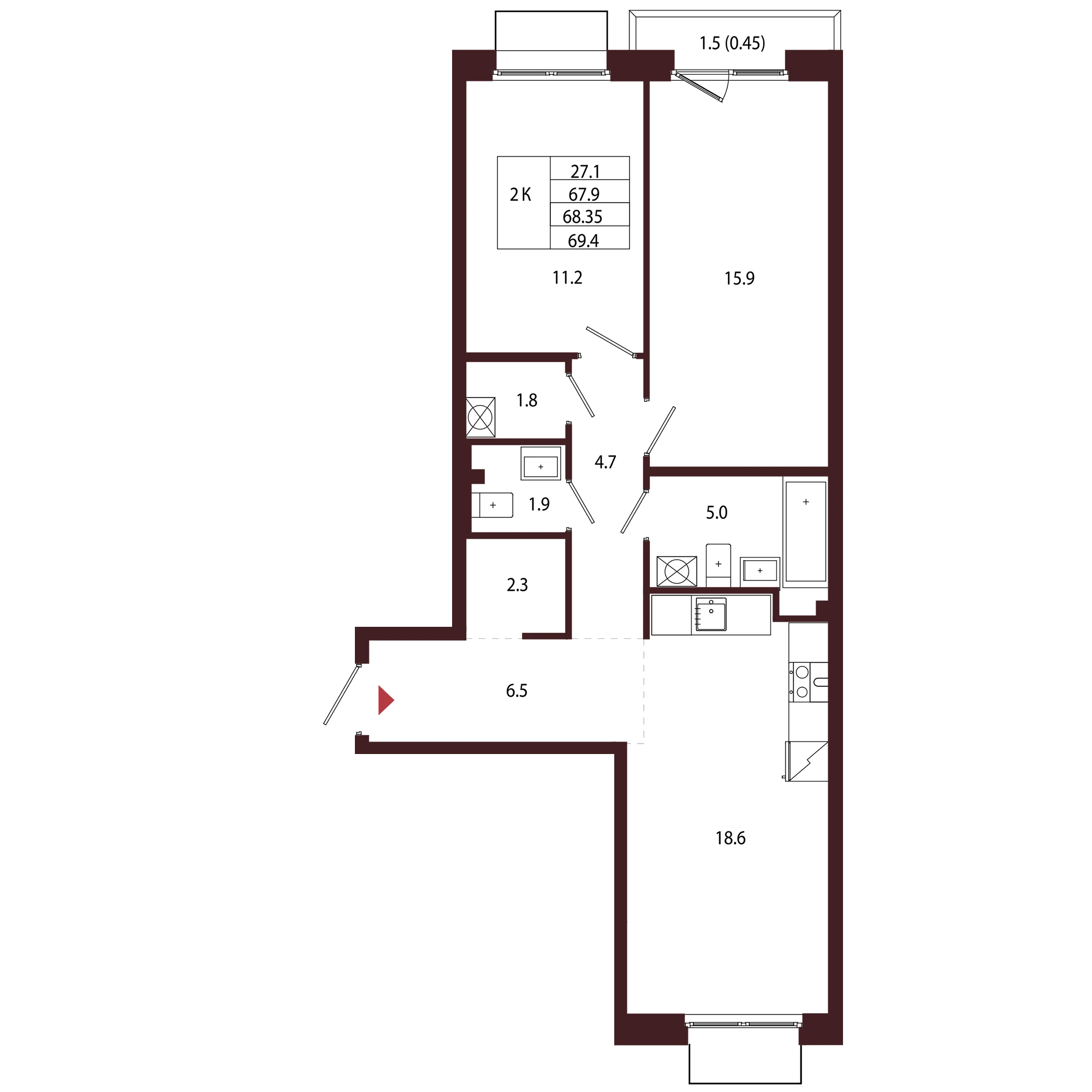 Планировка 2-комнатная 68,3 м² в ЖК «Город-парк «Лисино» — Город-парк «Лисино»
