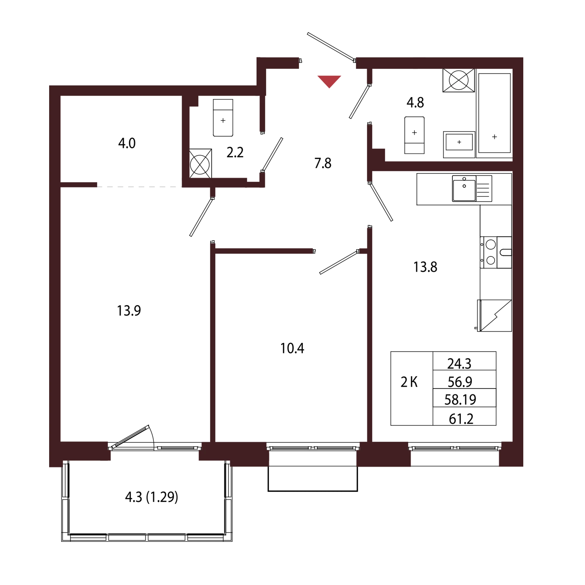 Планировка 2-комнатная 58,2 м² в ЖК «Город-парк «Лисино» — Город-парк «Лисино»