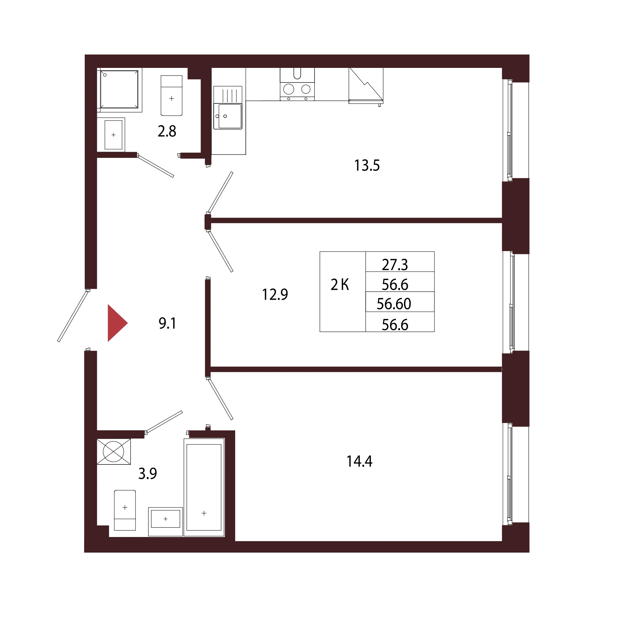 Планировка 2-комнатная 56,6 м² в ЖК «Город-парк «Лисино» — Город-парк «Лисино»