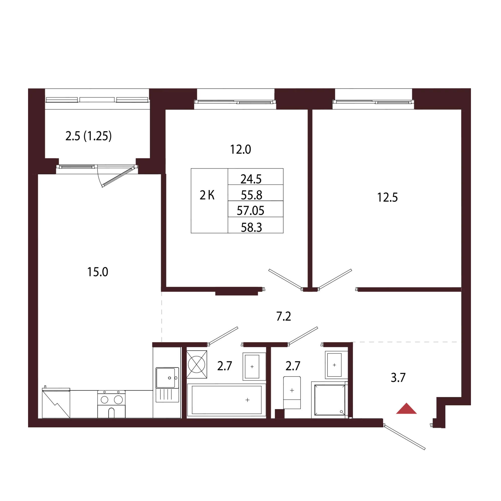 Планировка 2-комнатная 57 м² в ЖК «Город-парк «Лисино» — Город-парк «Лисино»