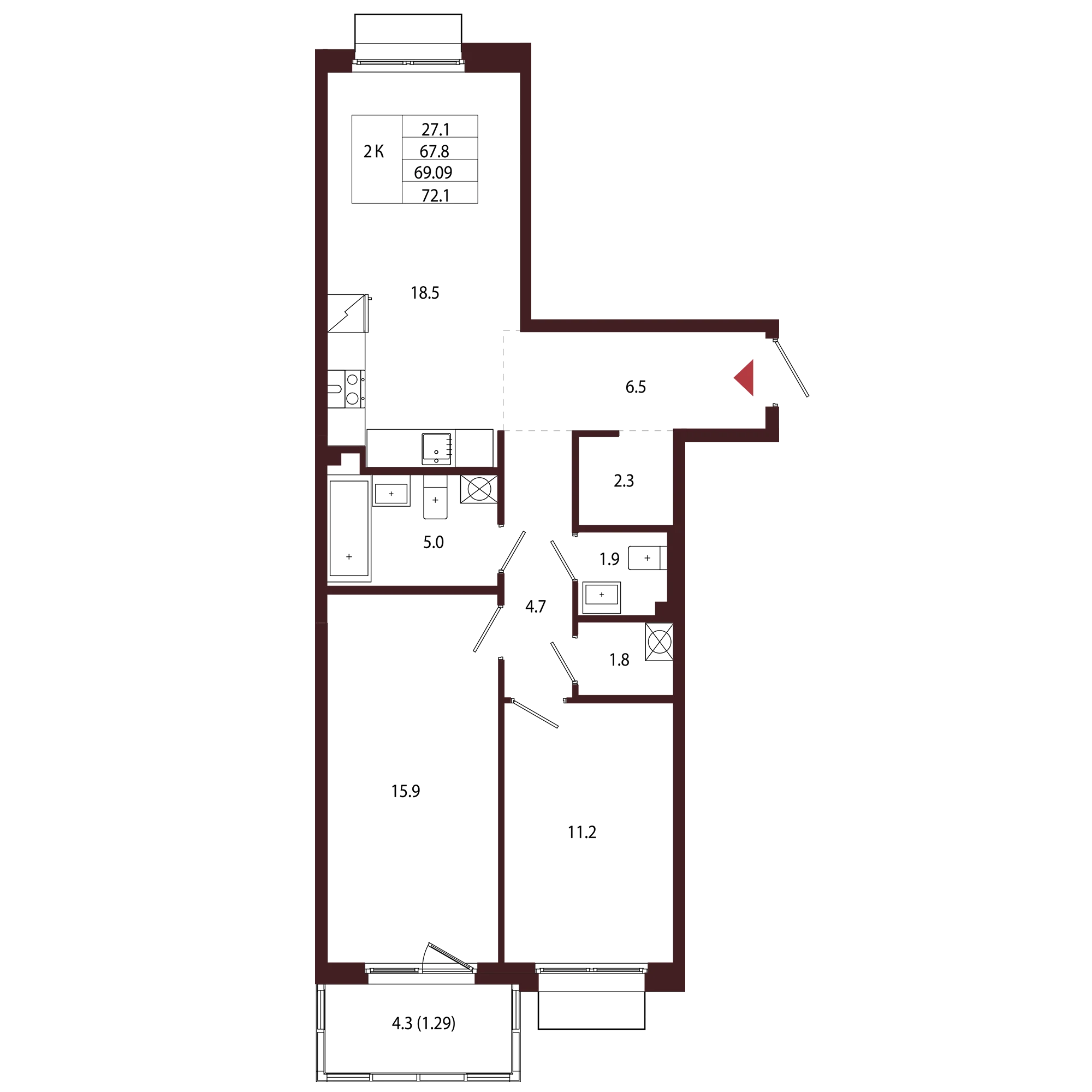 Планировка 2-комнатная 69,1 м² в ЖК «Город-парк «Лисино» — Город-парк «Лисино»