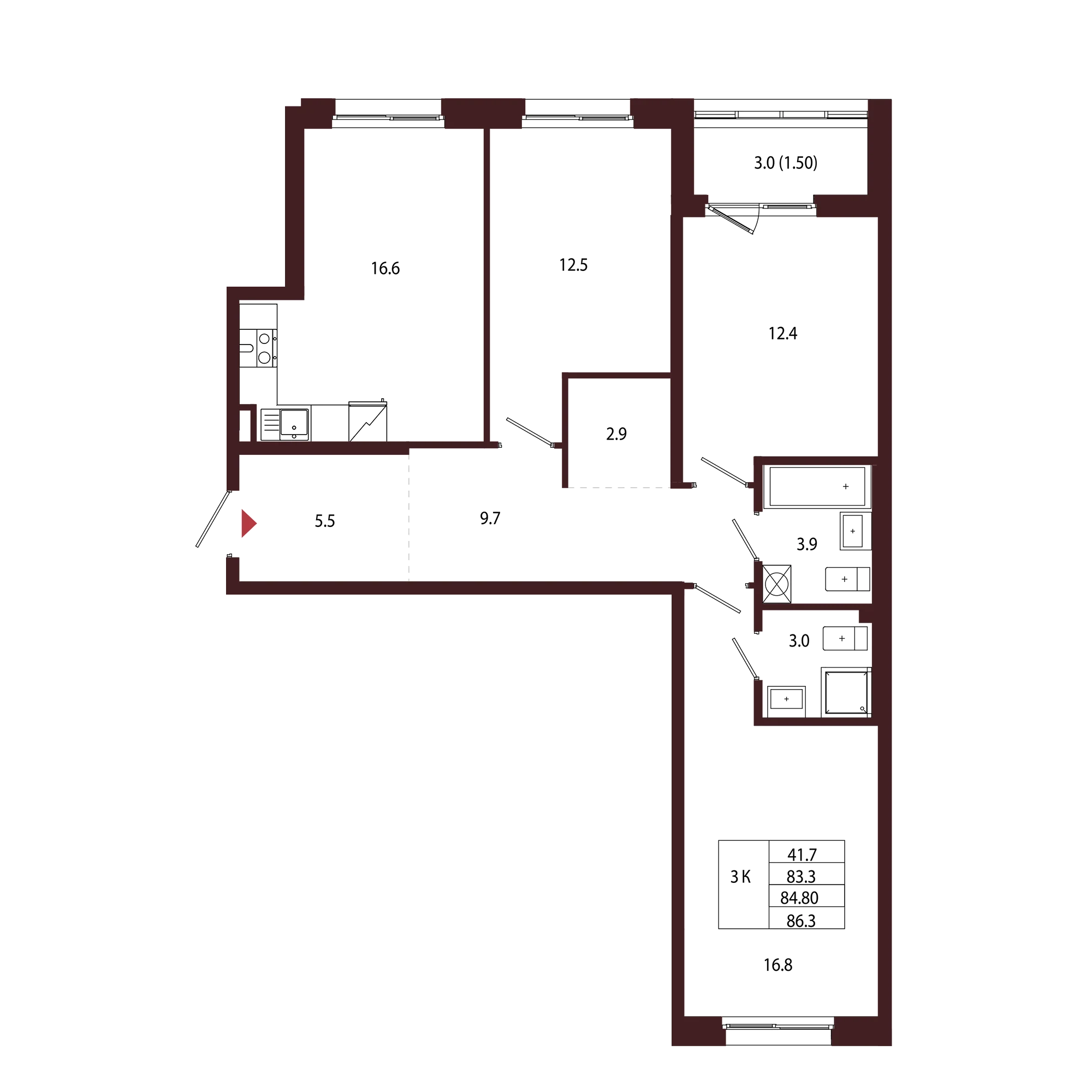Планировка 3-комнатная 84,8 м² в ЖК «Город-парк «Лисино» — Город-парк «Лисино»