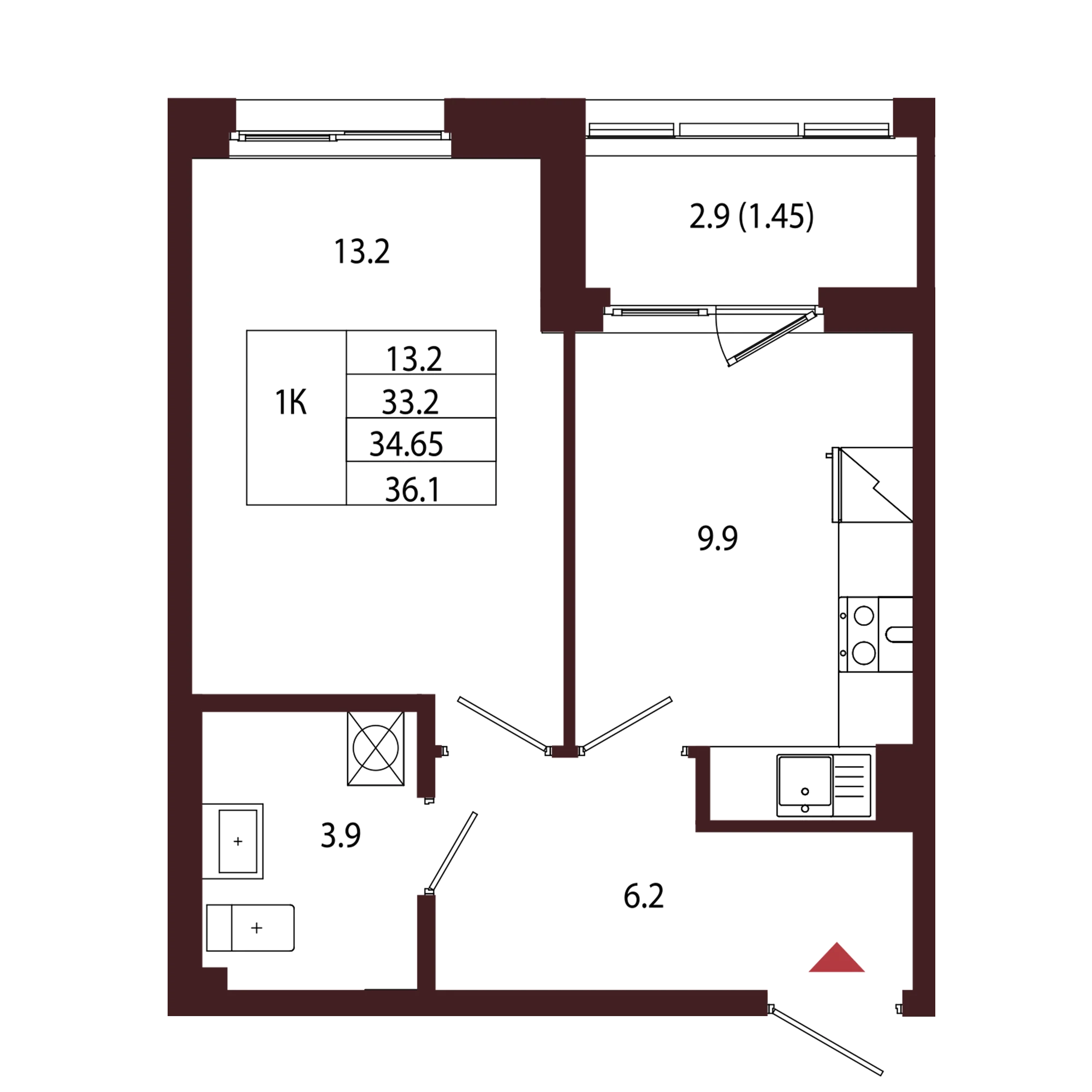 Планировка 1-комнатная 34,6 м² в ЖК «Город-парк «Лисино» — Город-парк «Лисино»
