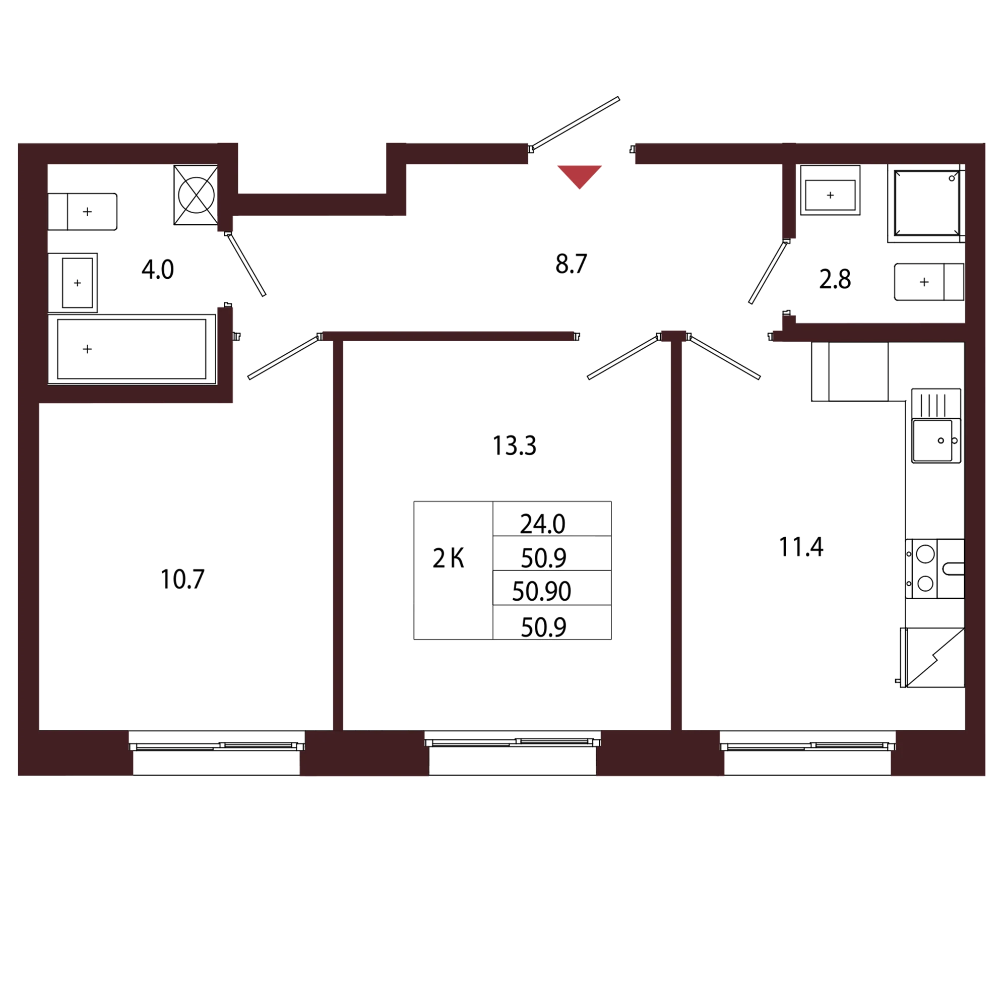 Планировка 2-комнатная 50,9 м² в ЖК «Город-парк «Лисино» — Город-парк «Лисино»