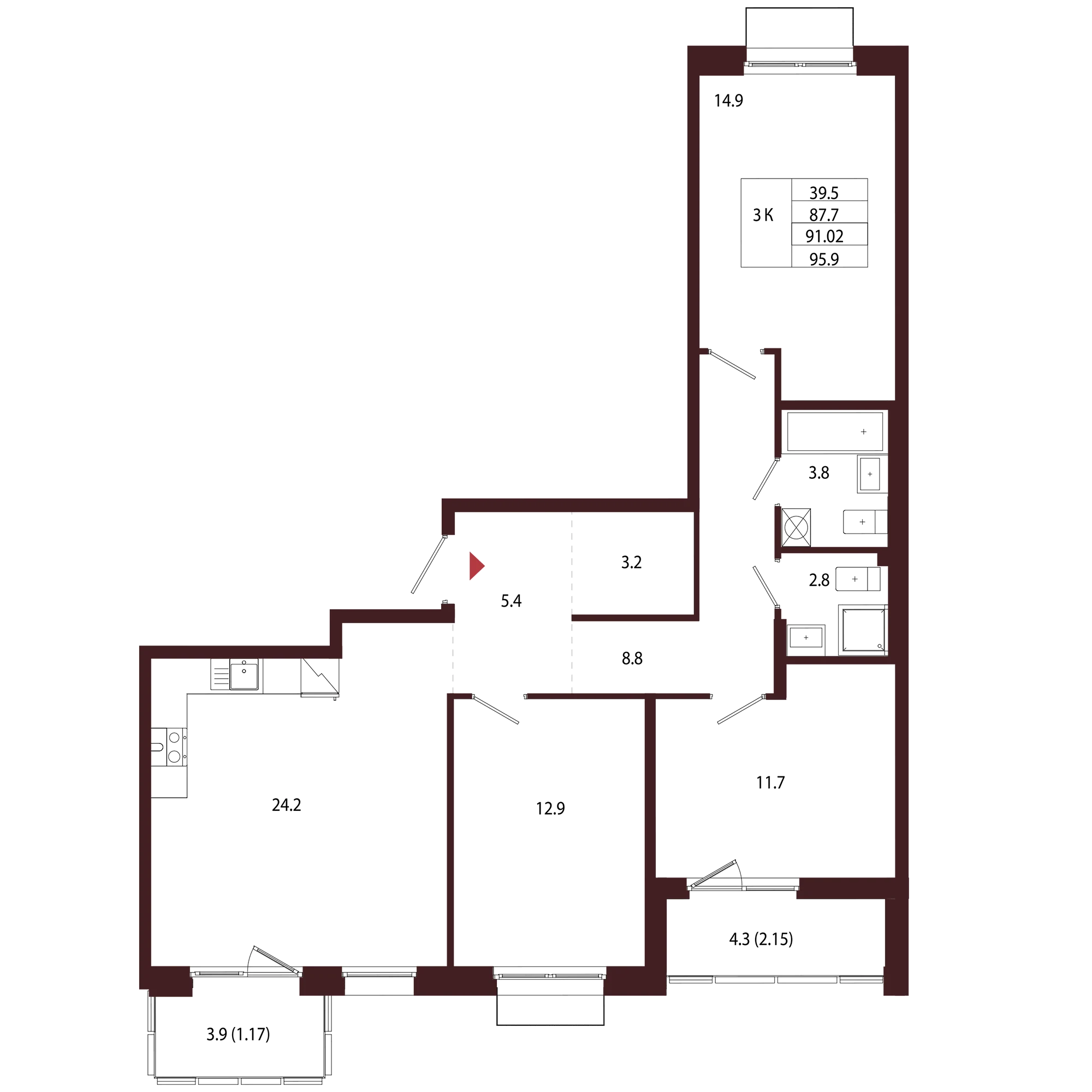 Планировка 3-комнатная 91 м² в ЖК «Город-парк «Лисино» — Город-парк «Лисино»