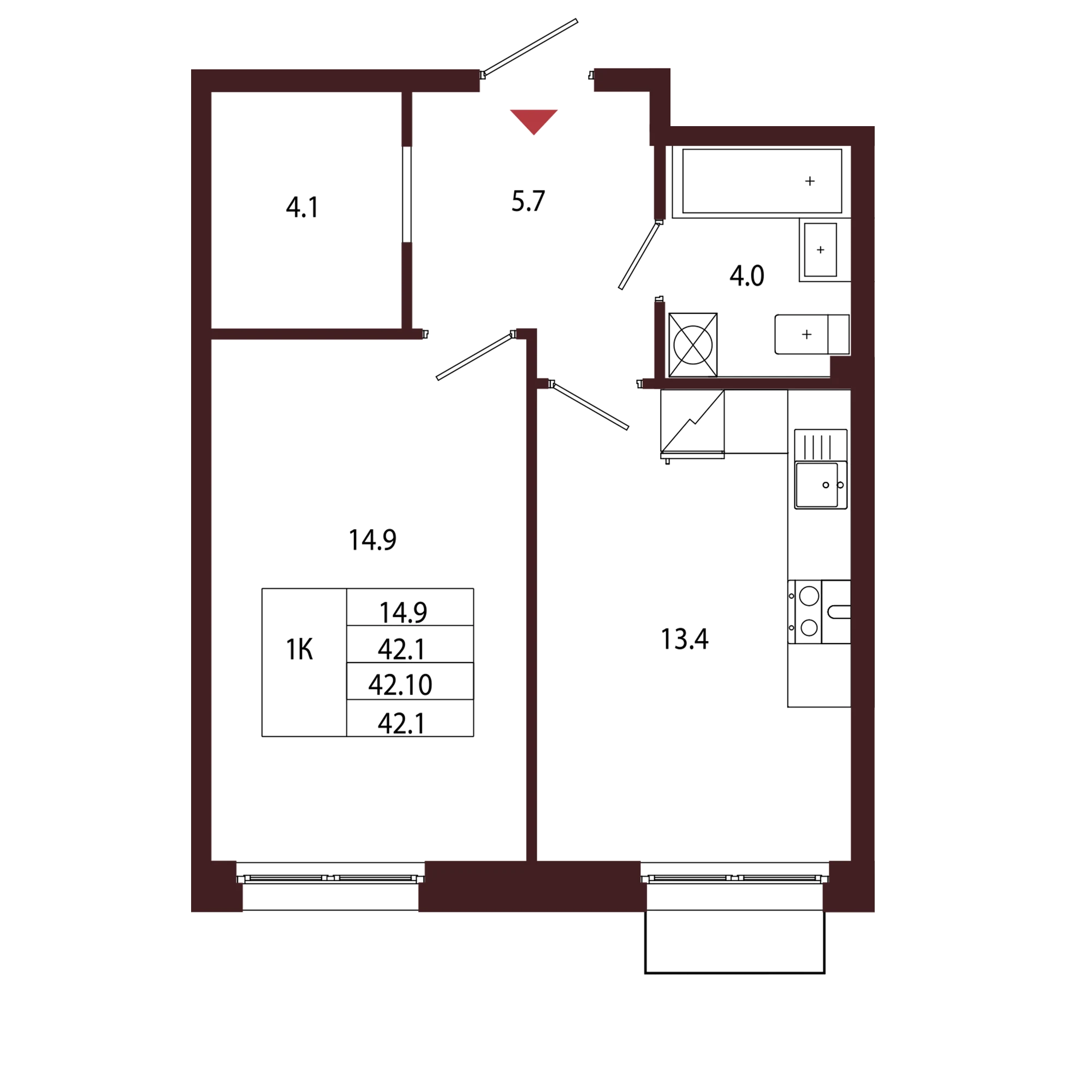Планировка 1-комнатная 42,1 м² в ЖК «Город-парк «Лисино» — Город-парк «Лисино»