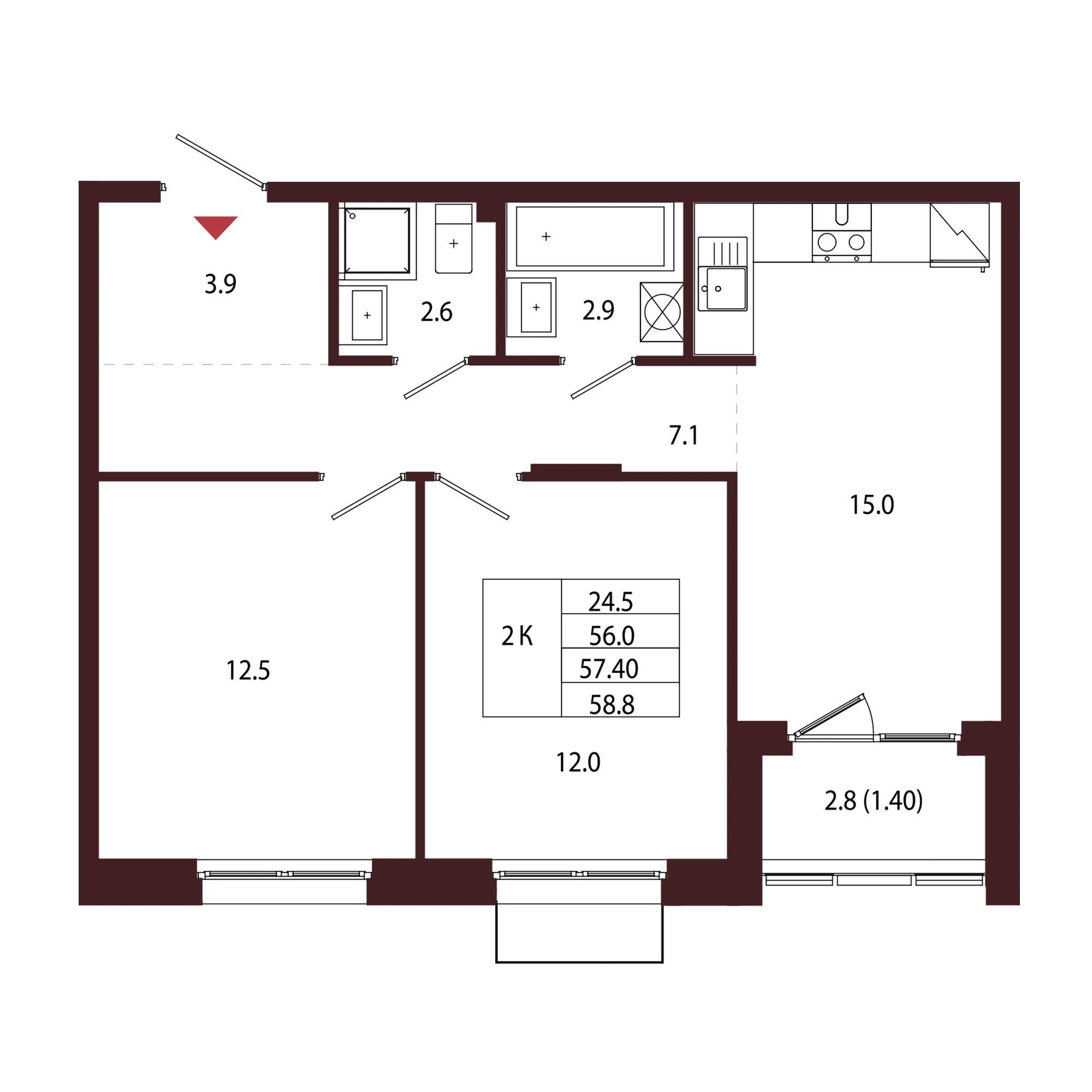 Планировка 2-комнатная 57,4 м² в ЖК «Город-парк «Лисино» — Город-парк «Лисино»