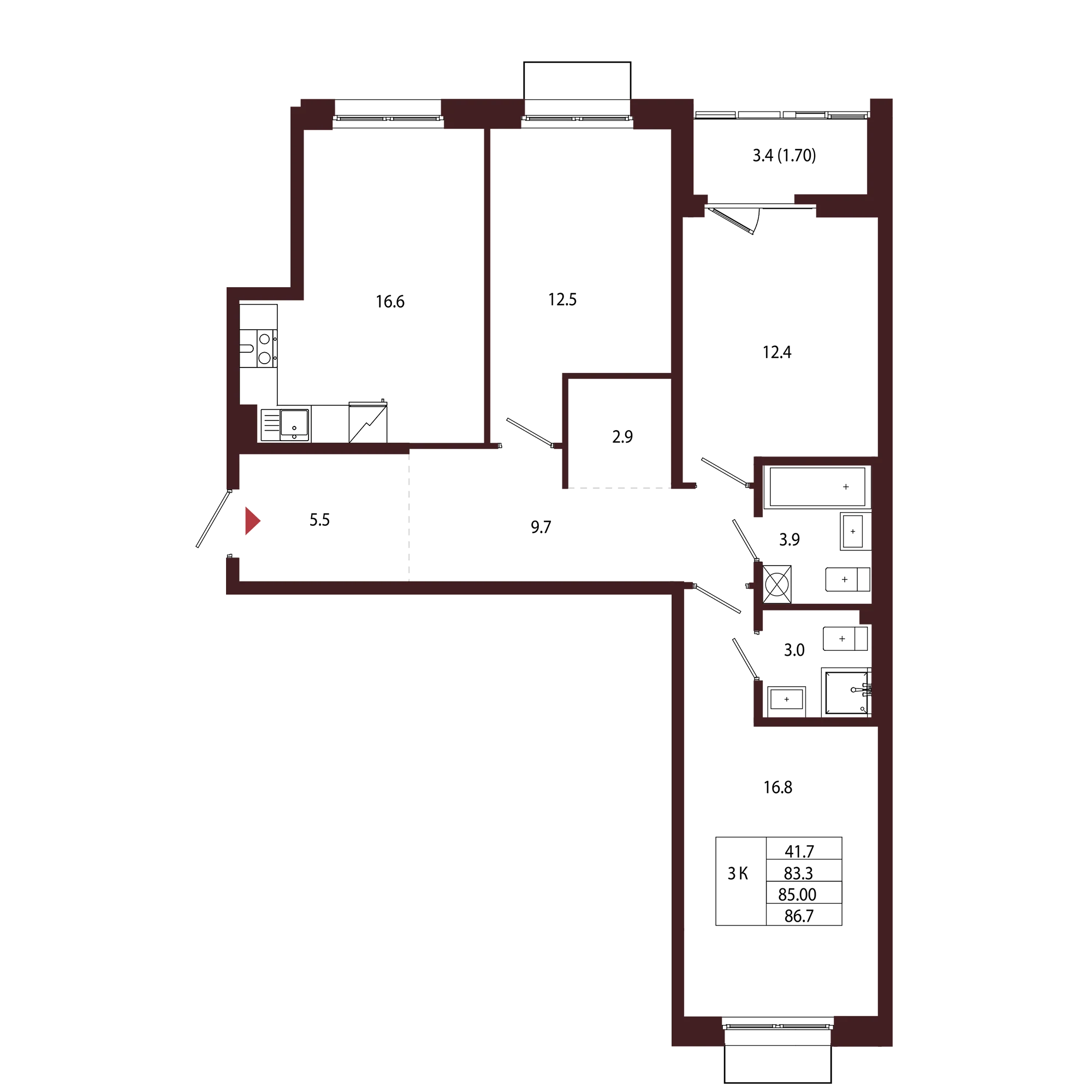 Планировка 3-комнатная 85 м² в ЖК «Город-парк «Лисино» — Город-парк «Лисино»