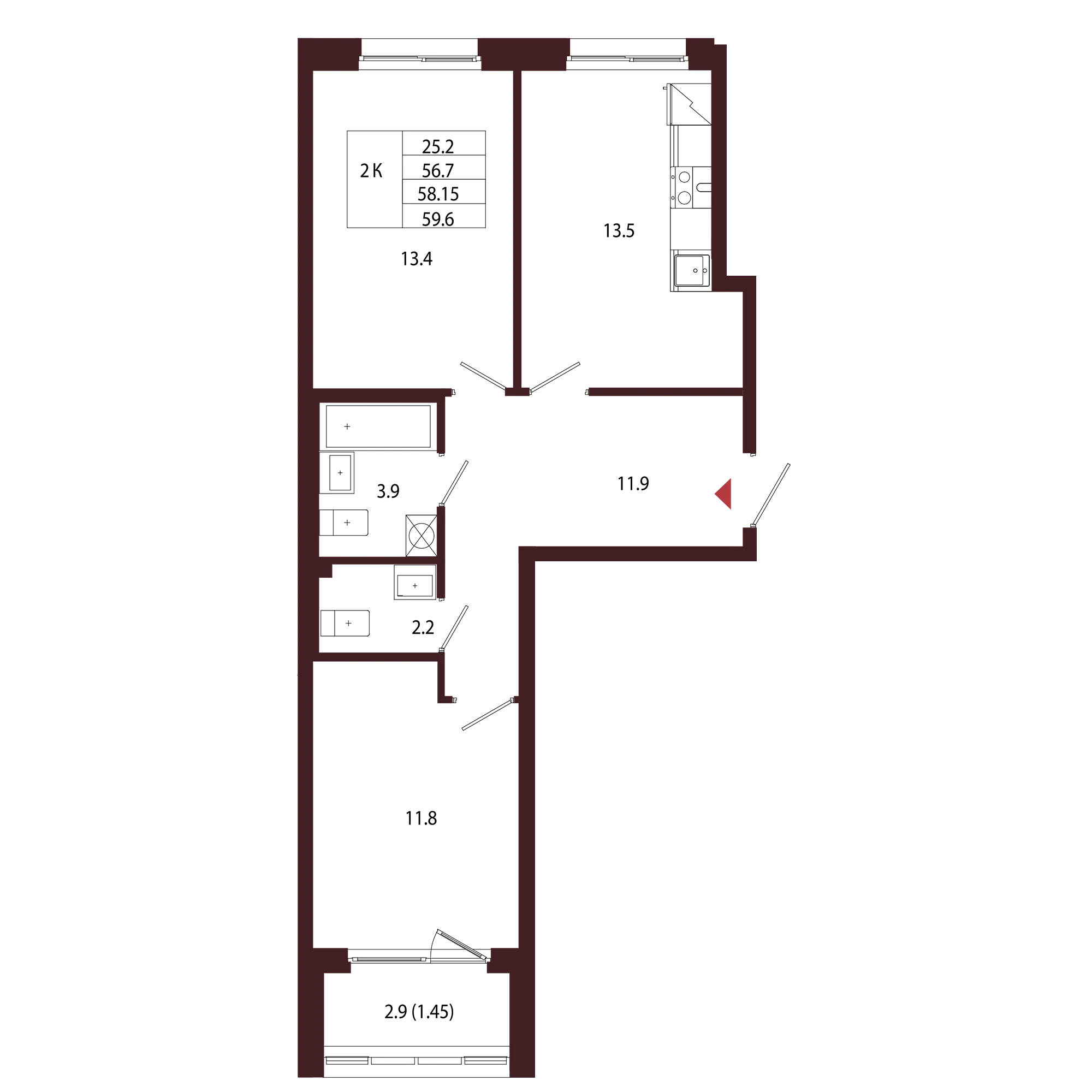 Планировка 2-комнатная 58,1 м² в ЖК «Город-парк «Лисино» — Город-парк «Лисино»