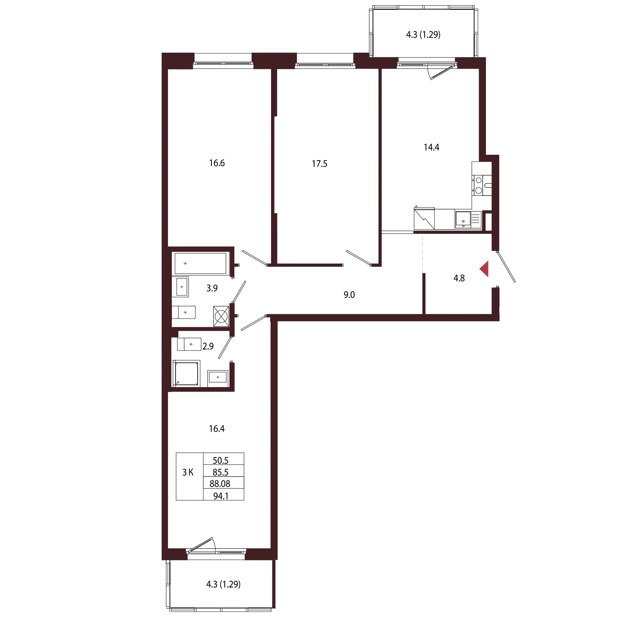 Планировка 3-комнатная 88,1 м² в ЖК «Город-парк «Лисино» — Город-парк «Лисино»