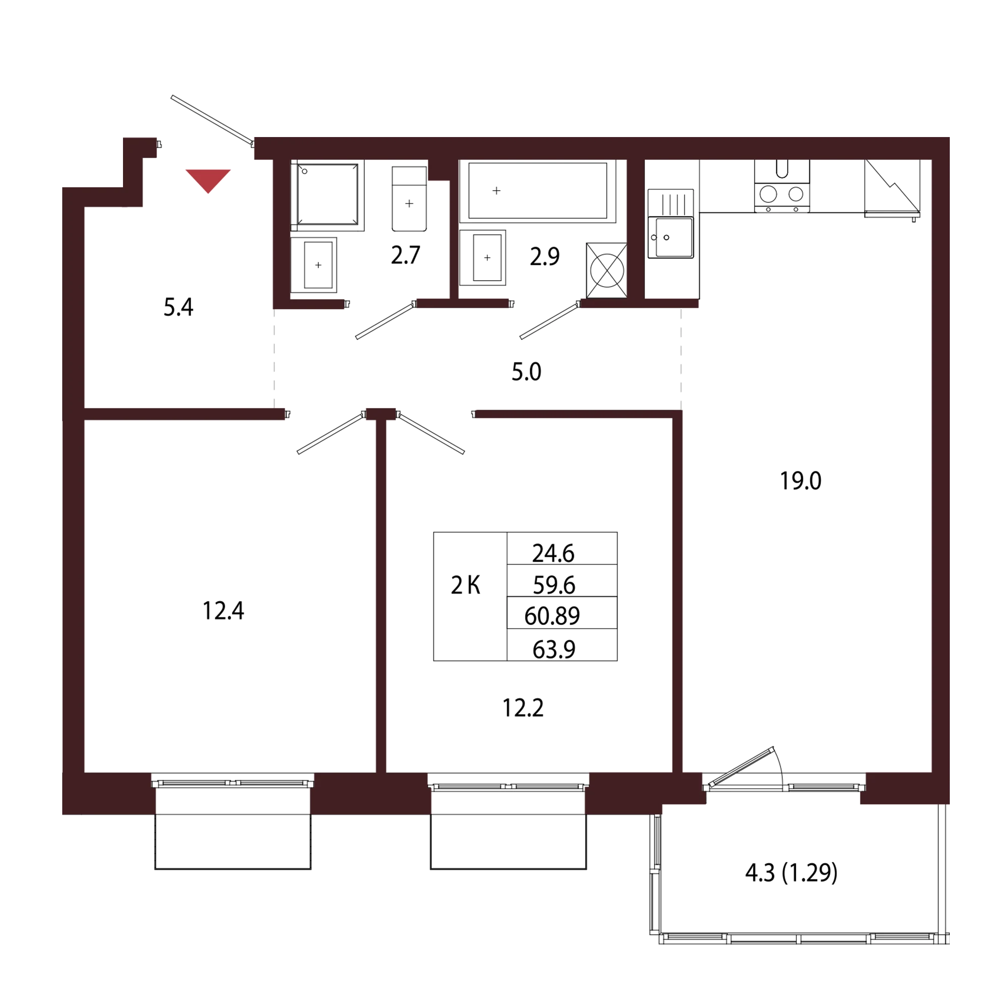 Планировка 2-комнатная 60,9 м² в ЖК «Город-парк «Лисино» — Город-парк «Лисино»