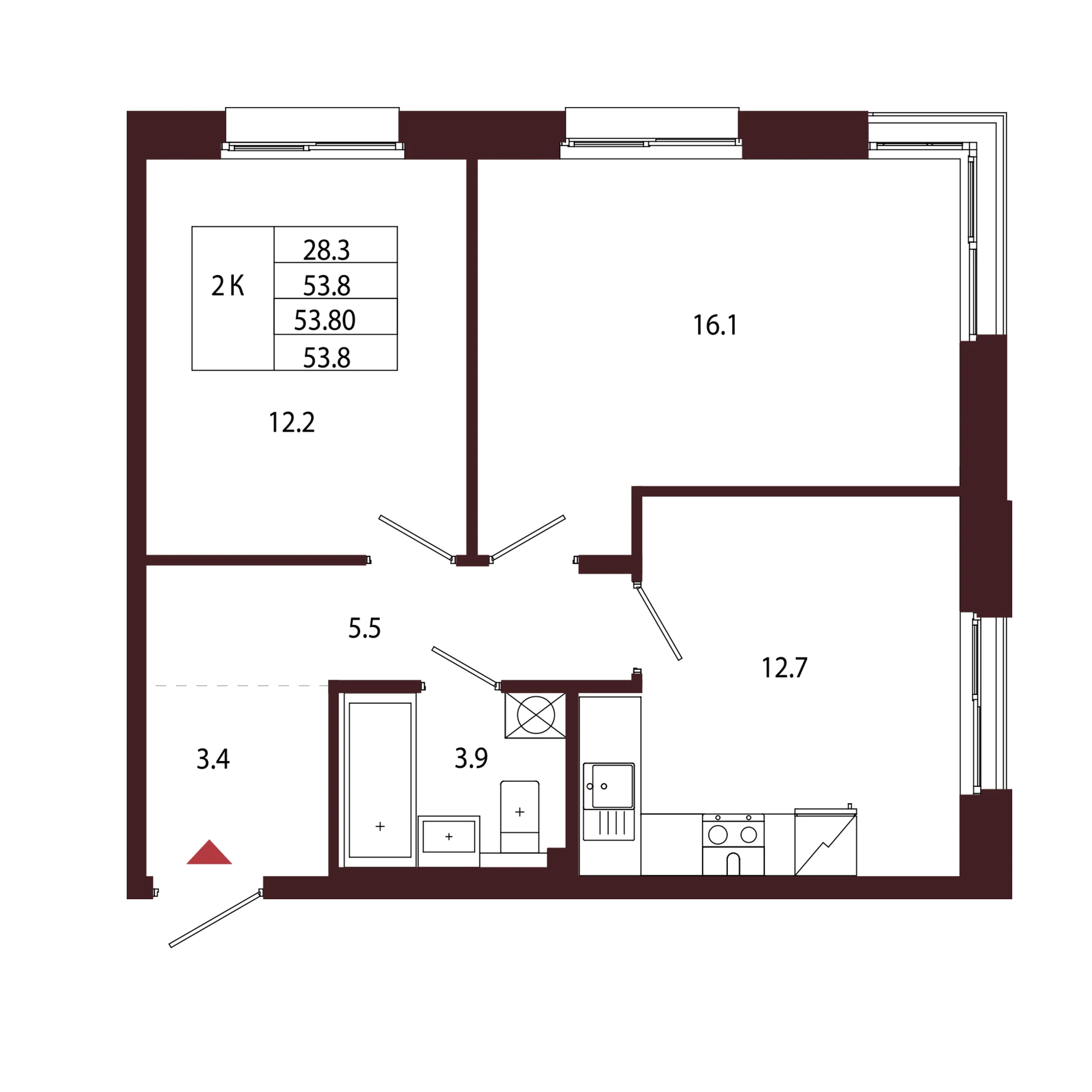 Планировка 2-комнатная 53,8 м² в ЖК «Город-парк «Лисино» — Город-парк «Лисино»