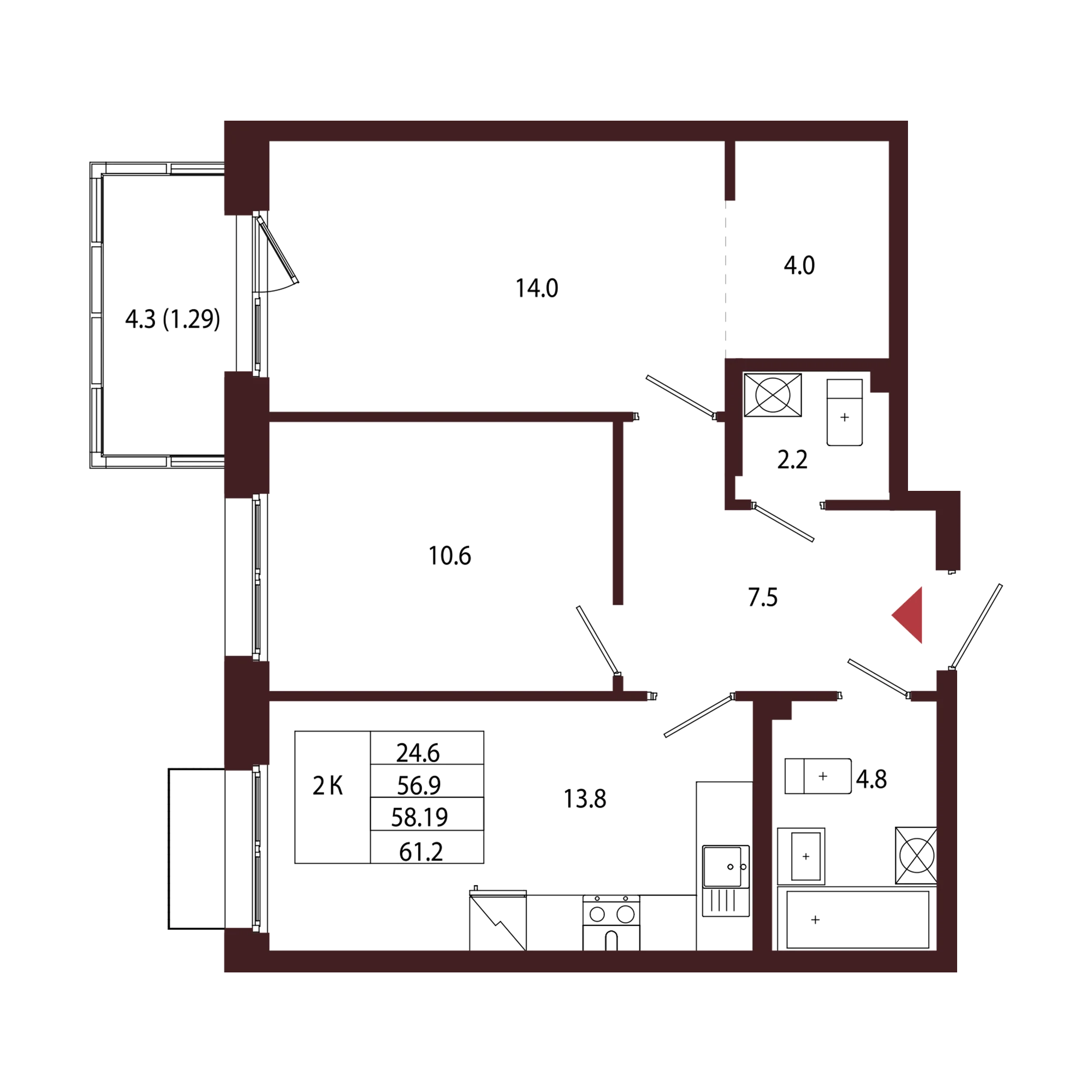 Планировка 2-комнатная 58,2 м² в ЖК «Город-парк «Лисино» — Город-парк «Лисино»