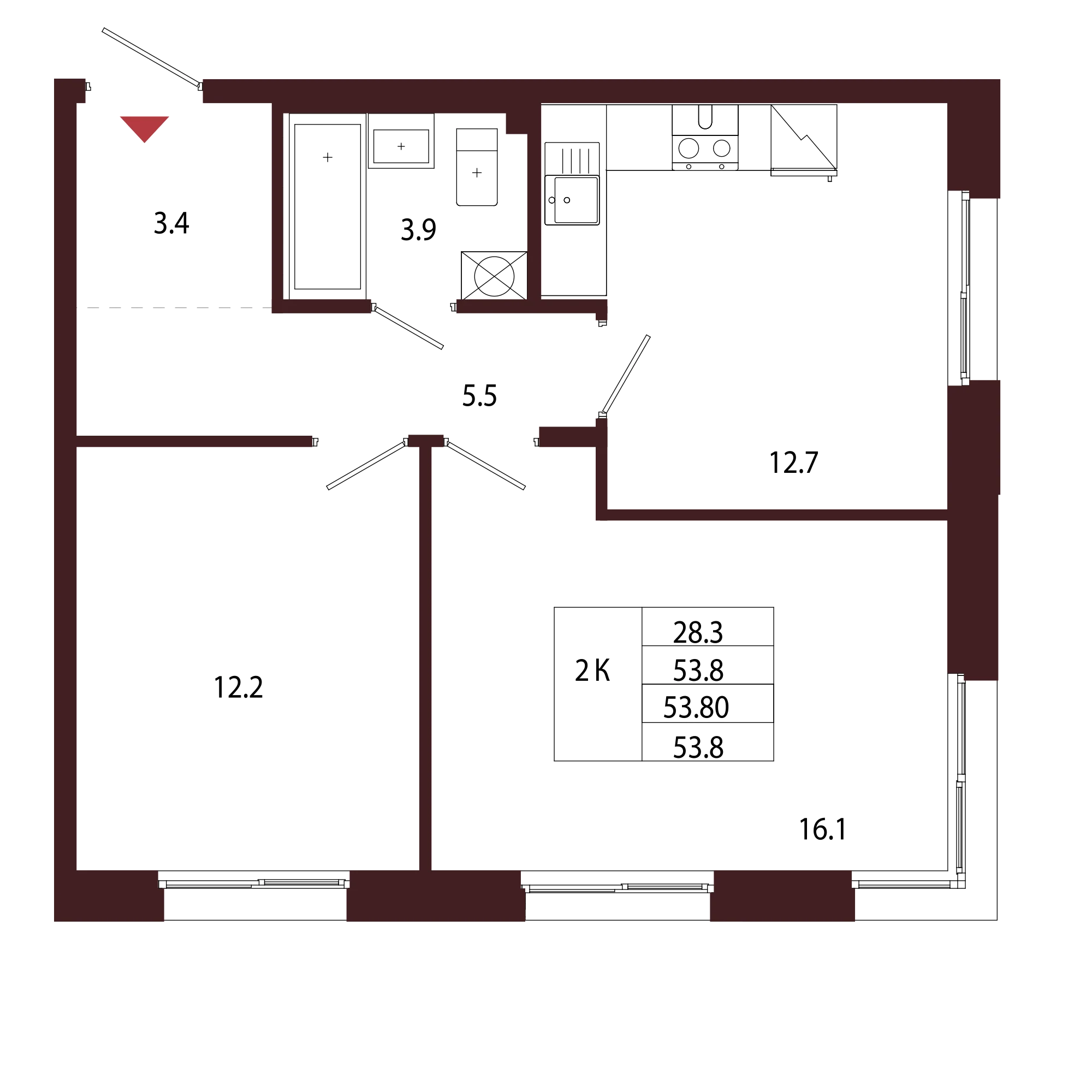 Планировка 2-комнатная 53,8 м² в ЖК «Город-парк «Лисино» — Город-парк «Лисино»