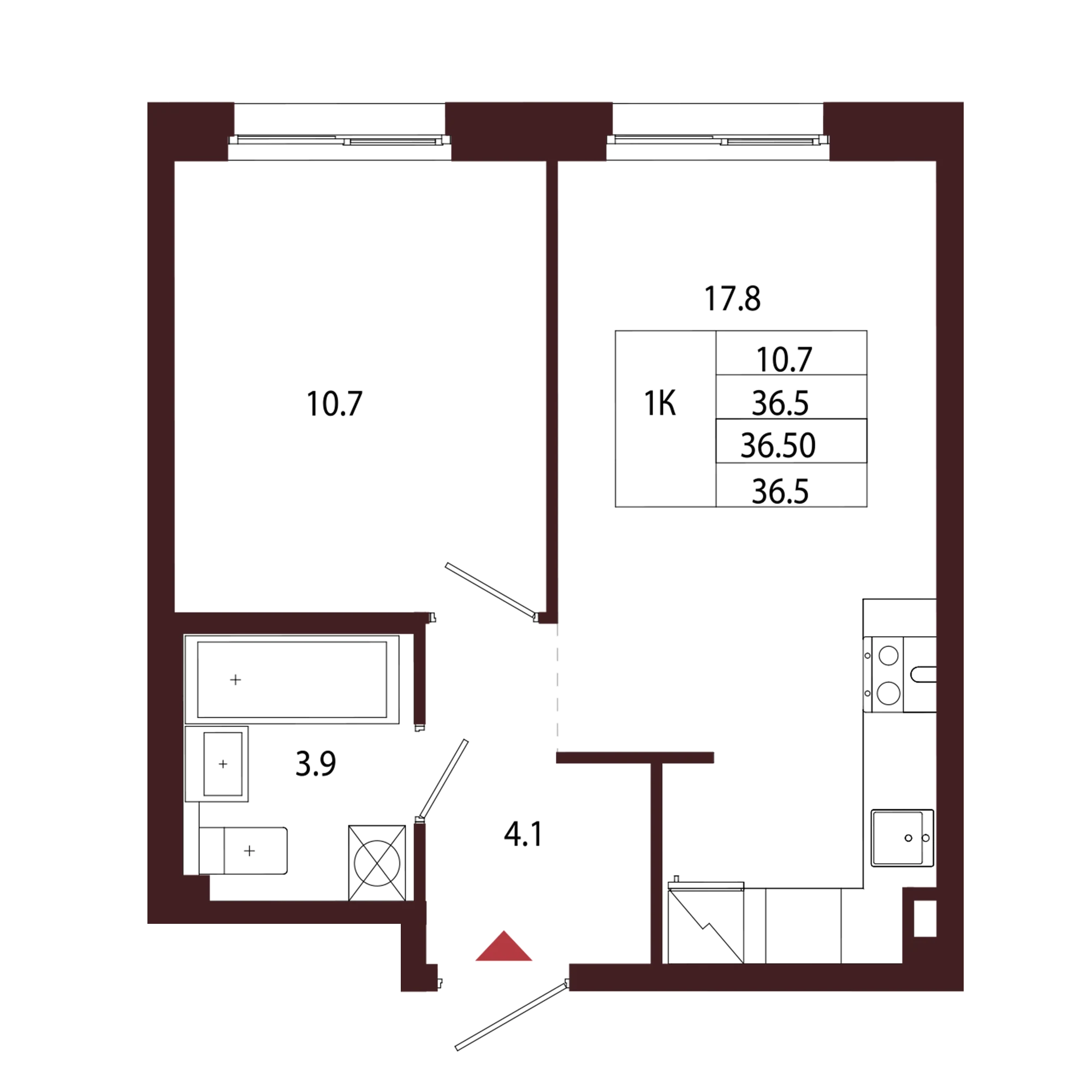 Планировка 1-комнатная 36,5 м² в ЖК «Город-парк «Лисино» — Город-парк «Лисино»