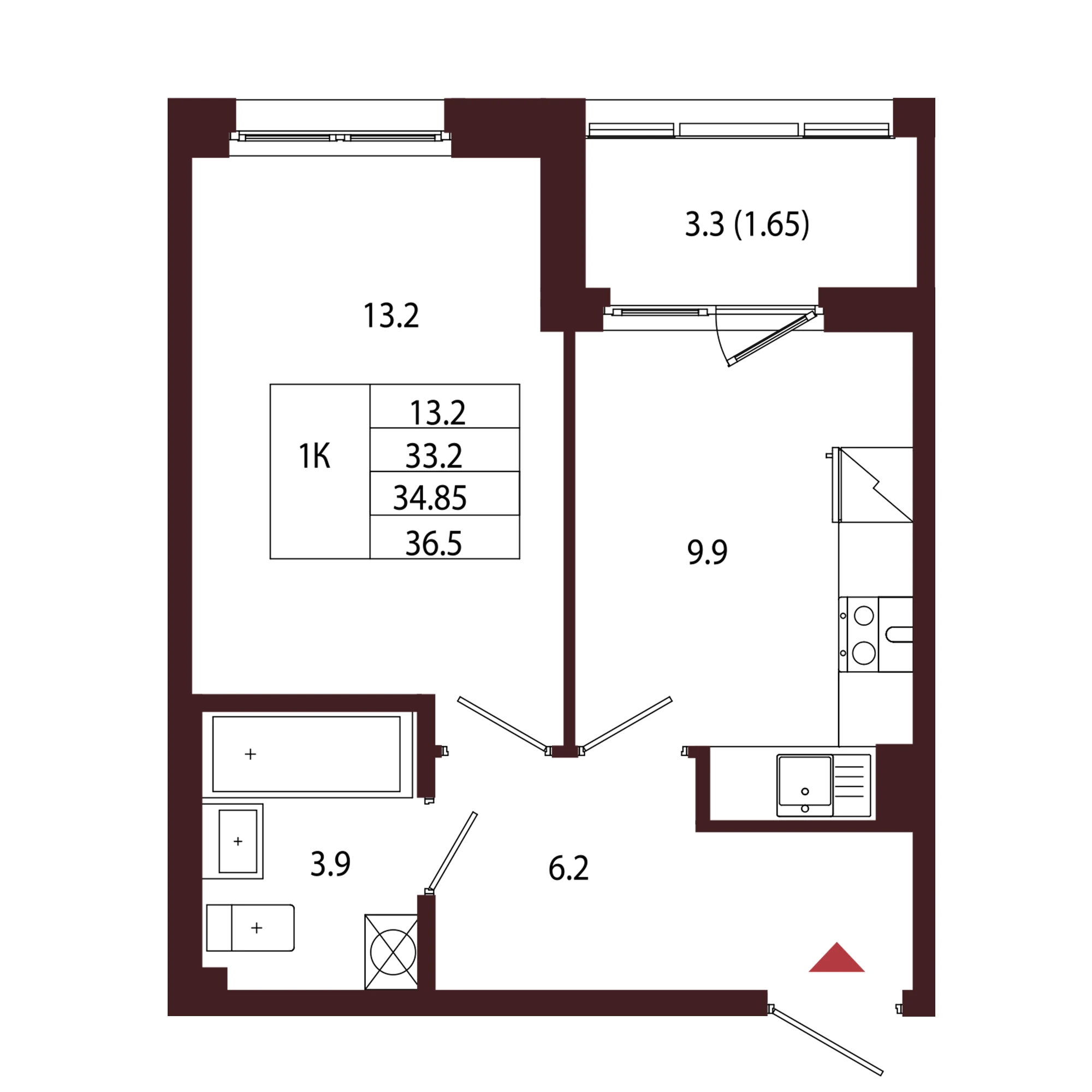Планировка 1-комнатная 34,9 м² в ЖК «Город-парк «Лисино» — Город-парк «Лисино»