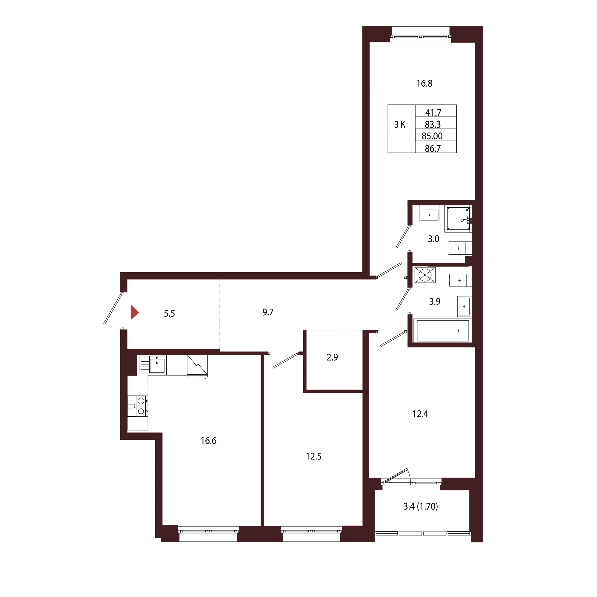 Планировка 3-комнатная 85 м² в ЖК «Город-парк «Лисино» — Город-парк «Лисино»