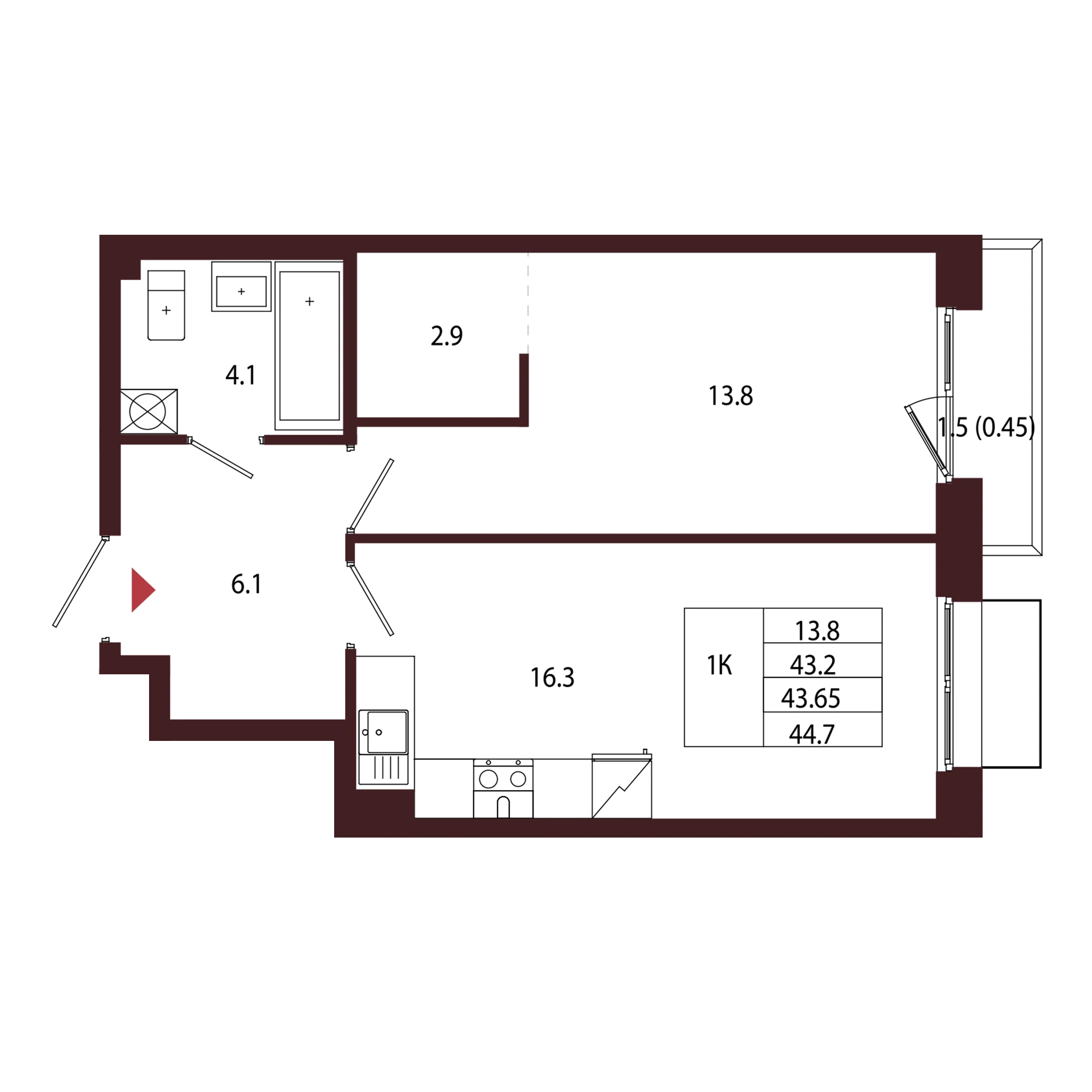 Планировка 1-комнатная 43,6 м² в ЖК «Город-парк «Лисино» — Город-парк «Лисино»