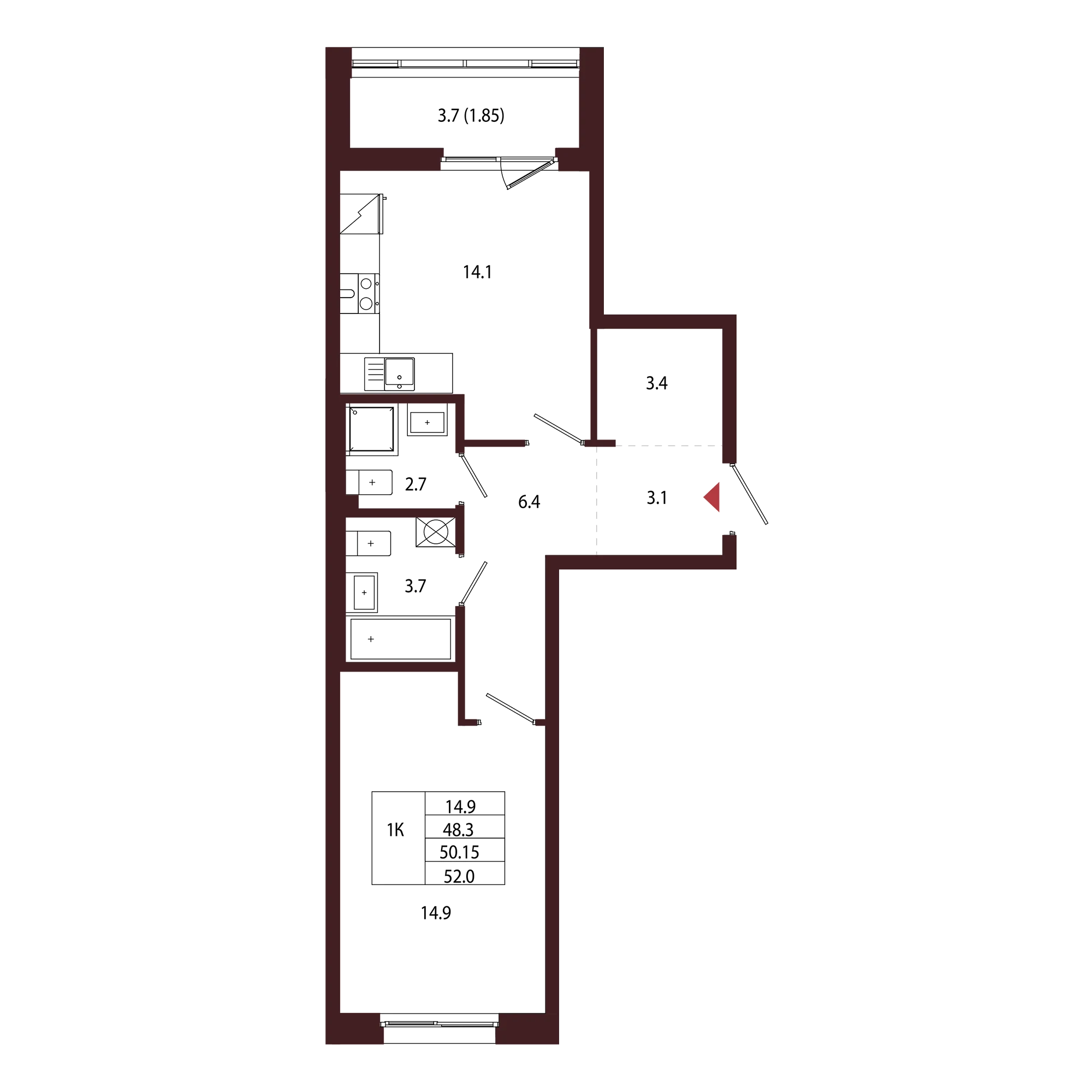 Планировка 1-комнатная 50,1 м² в ЖК «Город-парк «Лисино» — Город-парк «Лисино»