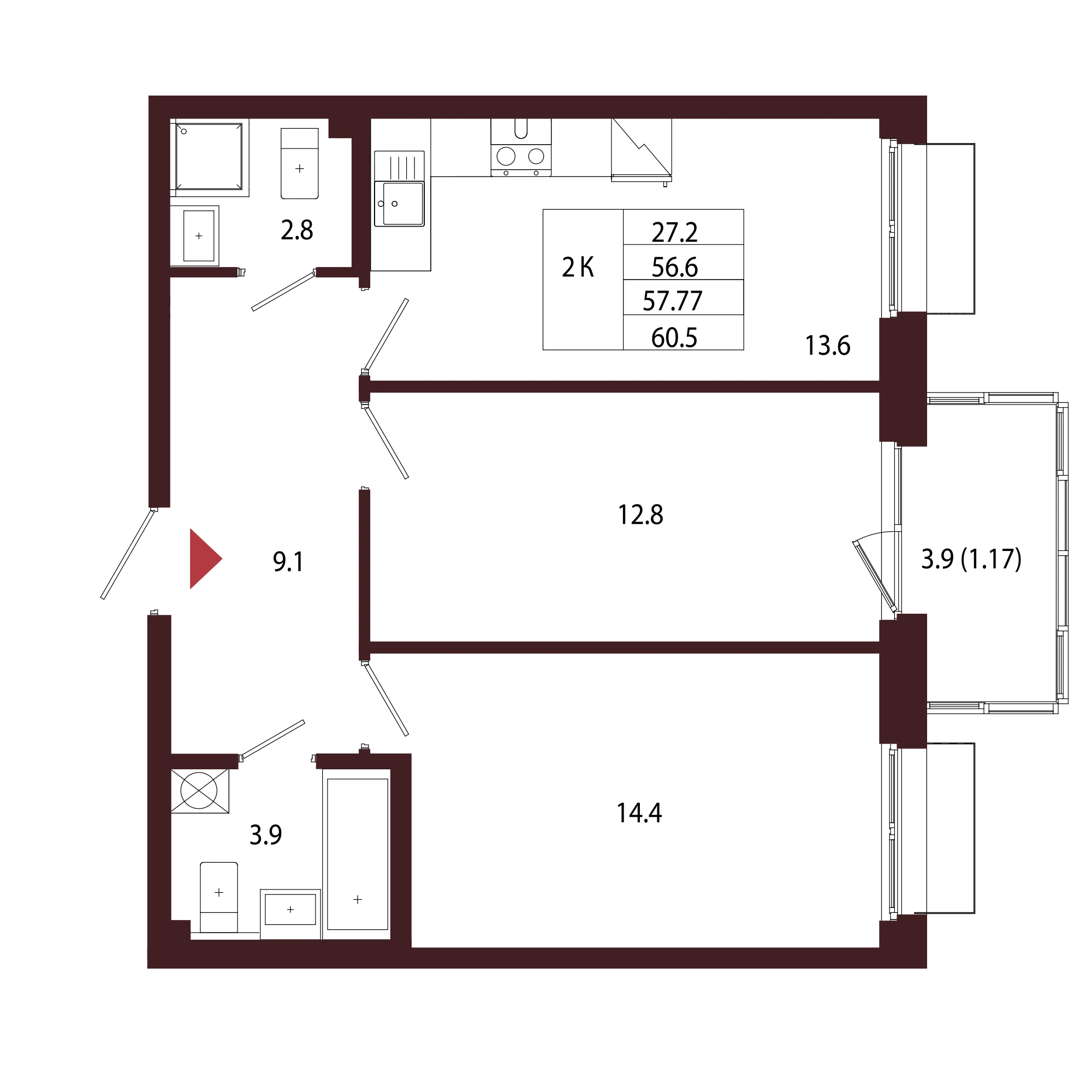 Планировка 2-комнатная 57,8 м² в ЖК «Город-парк «Лисино» — Город-парк «Лисино»