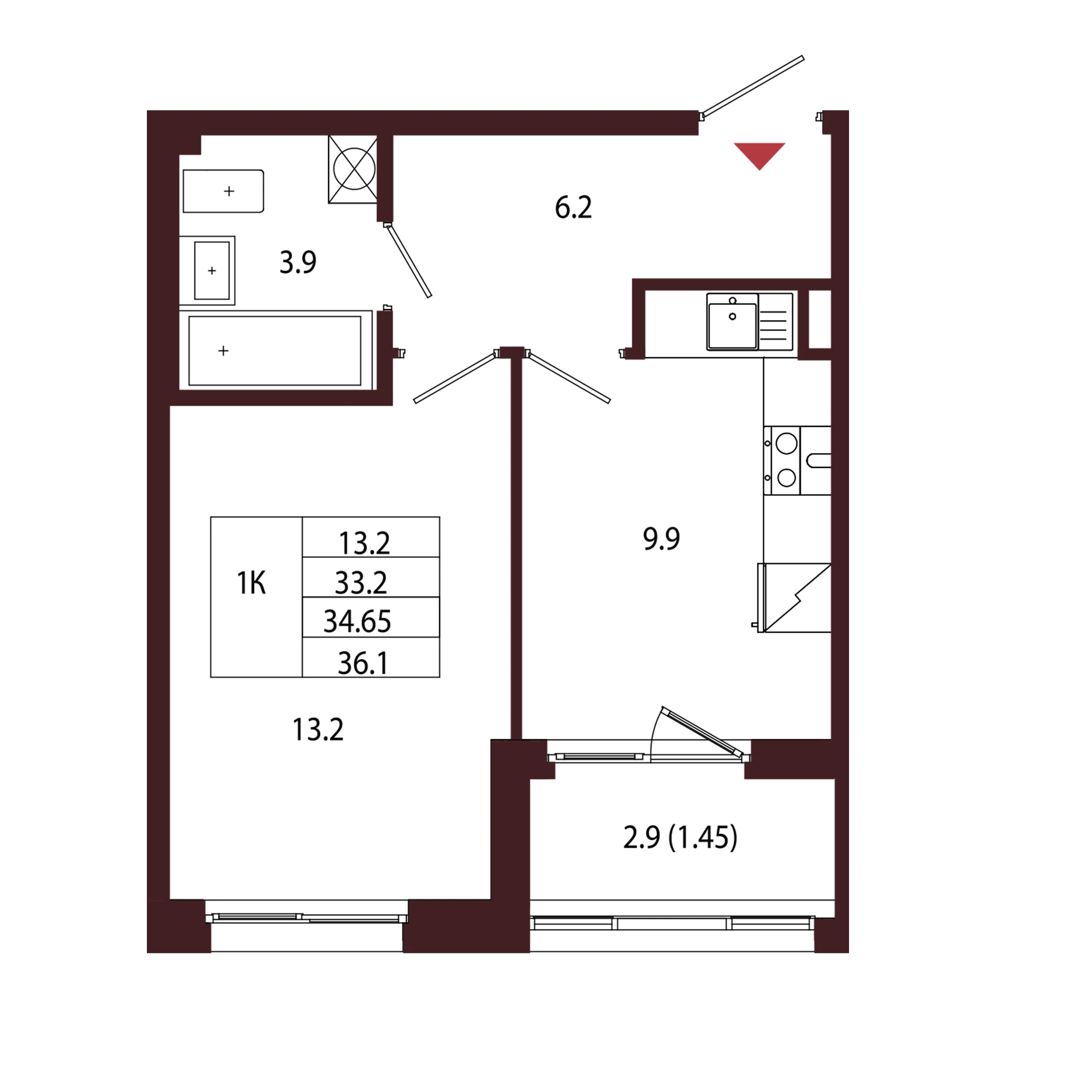 Планировка 1-комнатная 34,6 м² в ЖК «Город-парк «Лисино» — Город-парк «Лисино»