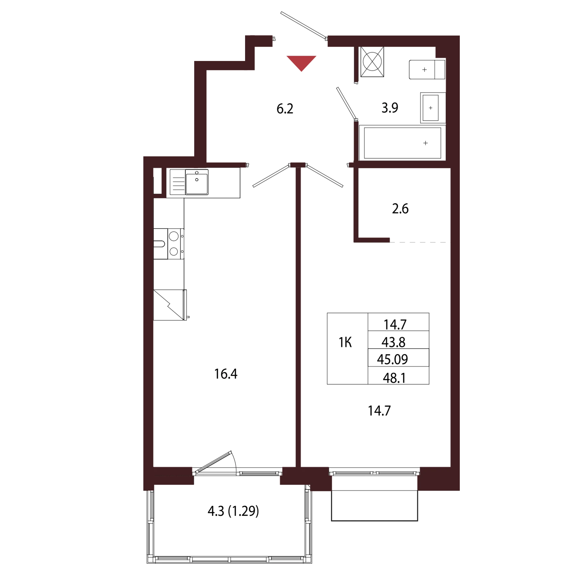 Планировка 1-комнатная 45,1 м² в ЖК «Город-парк «Лисино» — Город-парк «Лисино»