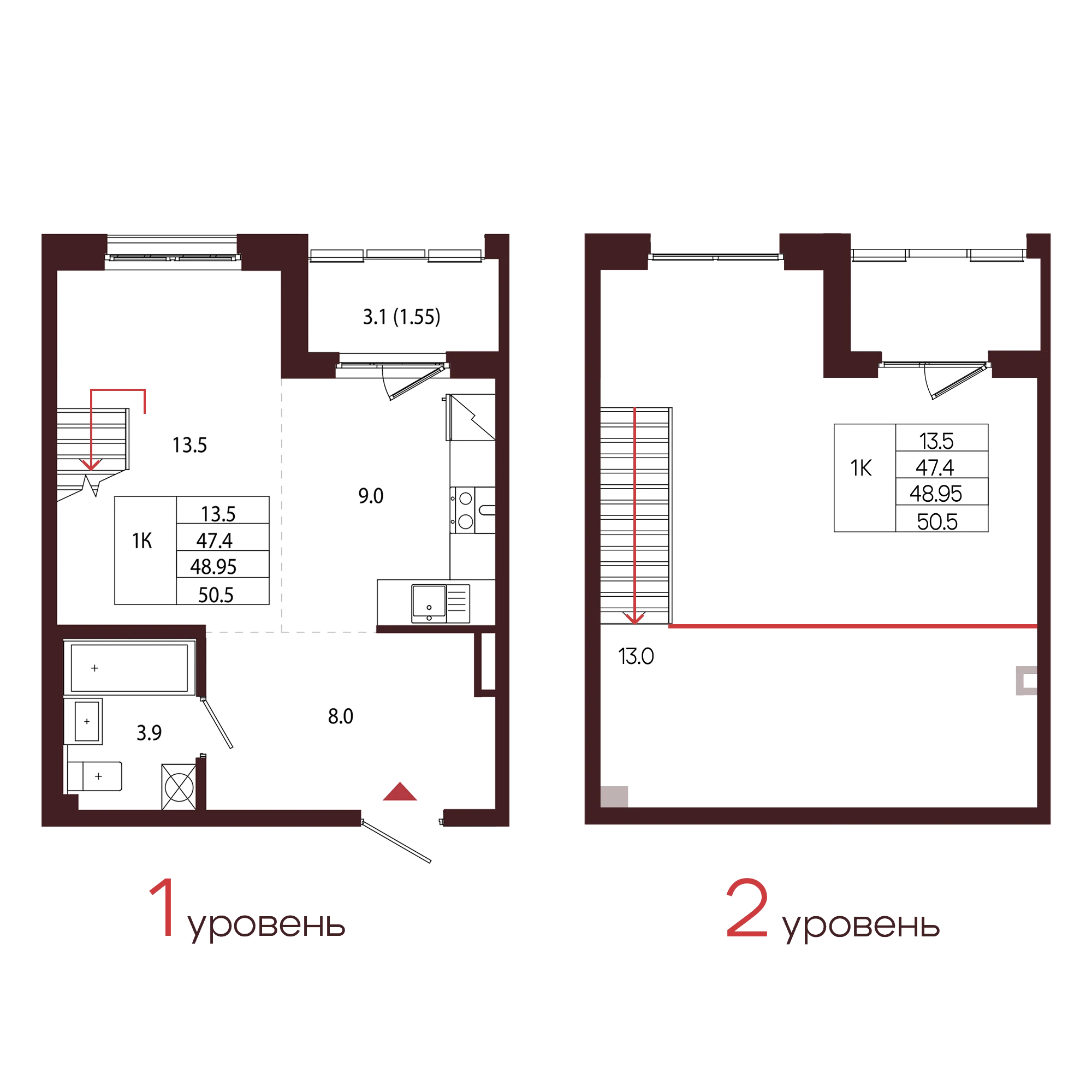 Планировка 1-комнатная 49 м² в ЖК «Город-парк «Лисино» — Город-парк «Лисино»