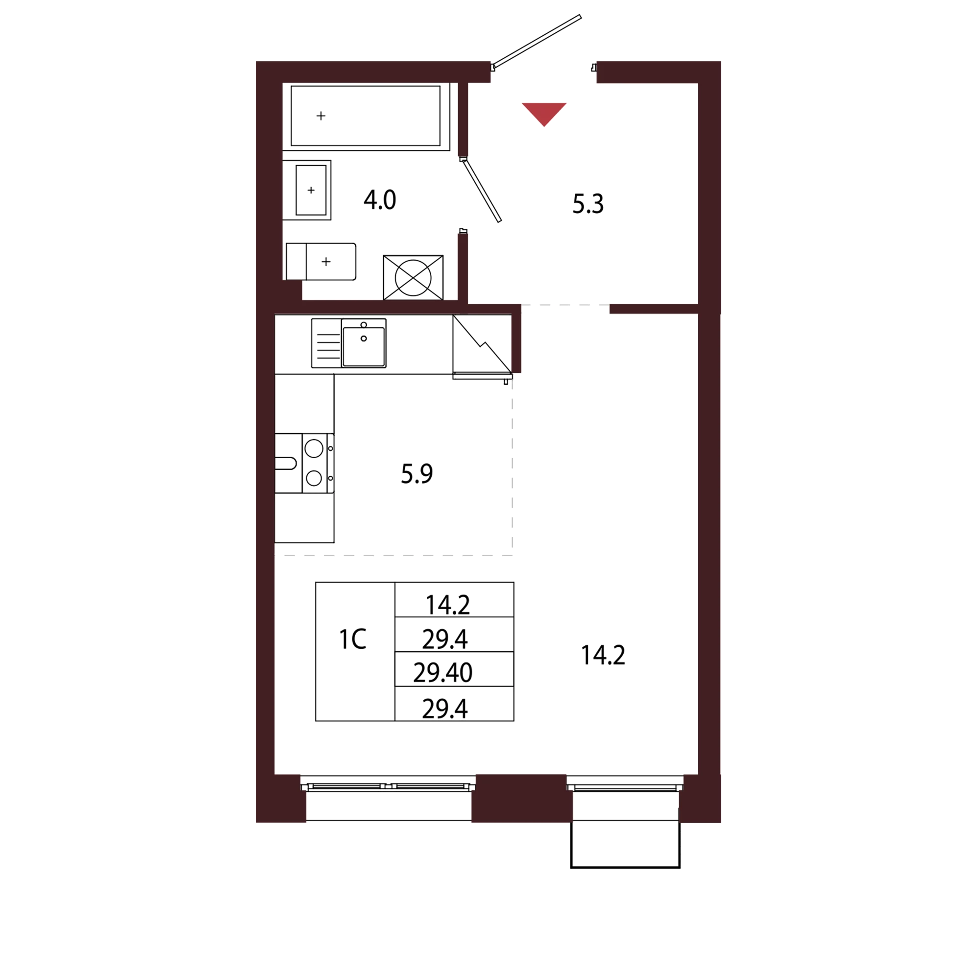 Планировка 1-комнатная 29,4 м² в ЖК «Город-парк «Лисино» — Город-парк «Лисино»