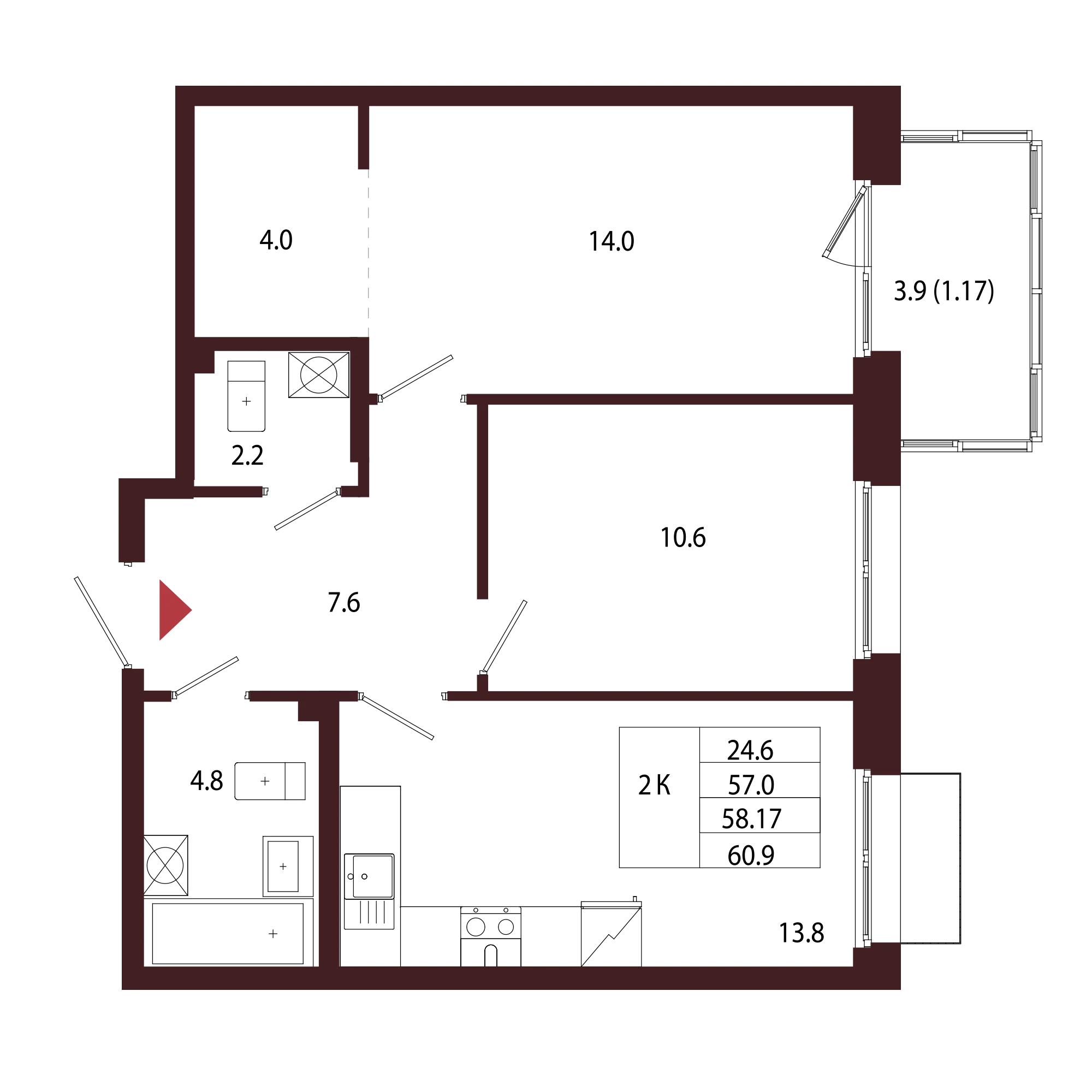 Планировка 2-комнатная 58,2 м² в ЖК «Город-парк «Лисино» — Город-парк «Лисино»
