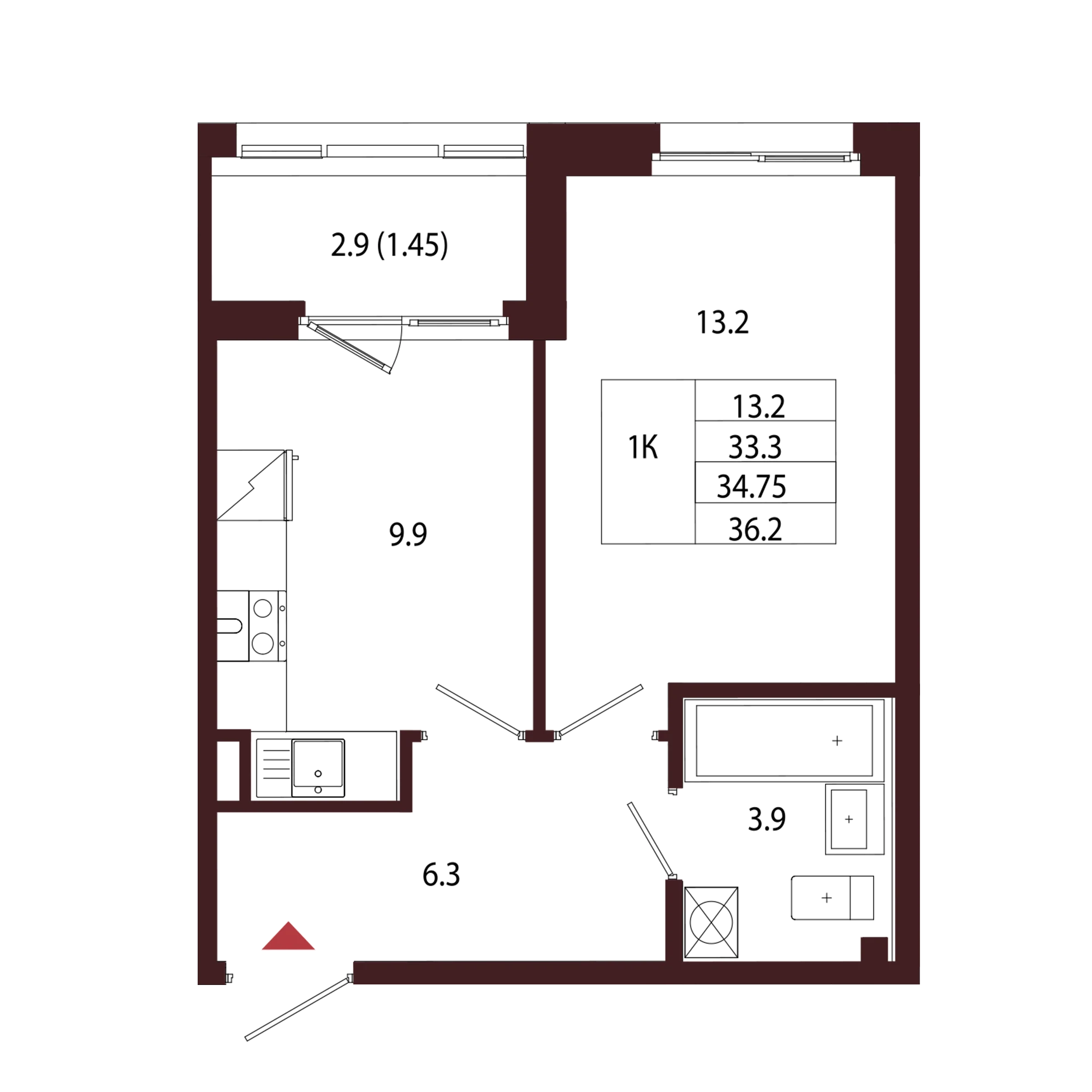 Планировка 1-комнатная 34,8 м² в ЖК «Город-парк «Лисино» — Город-парк «Лисино»