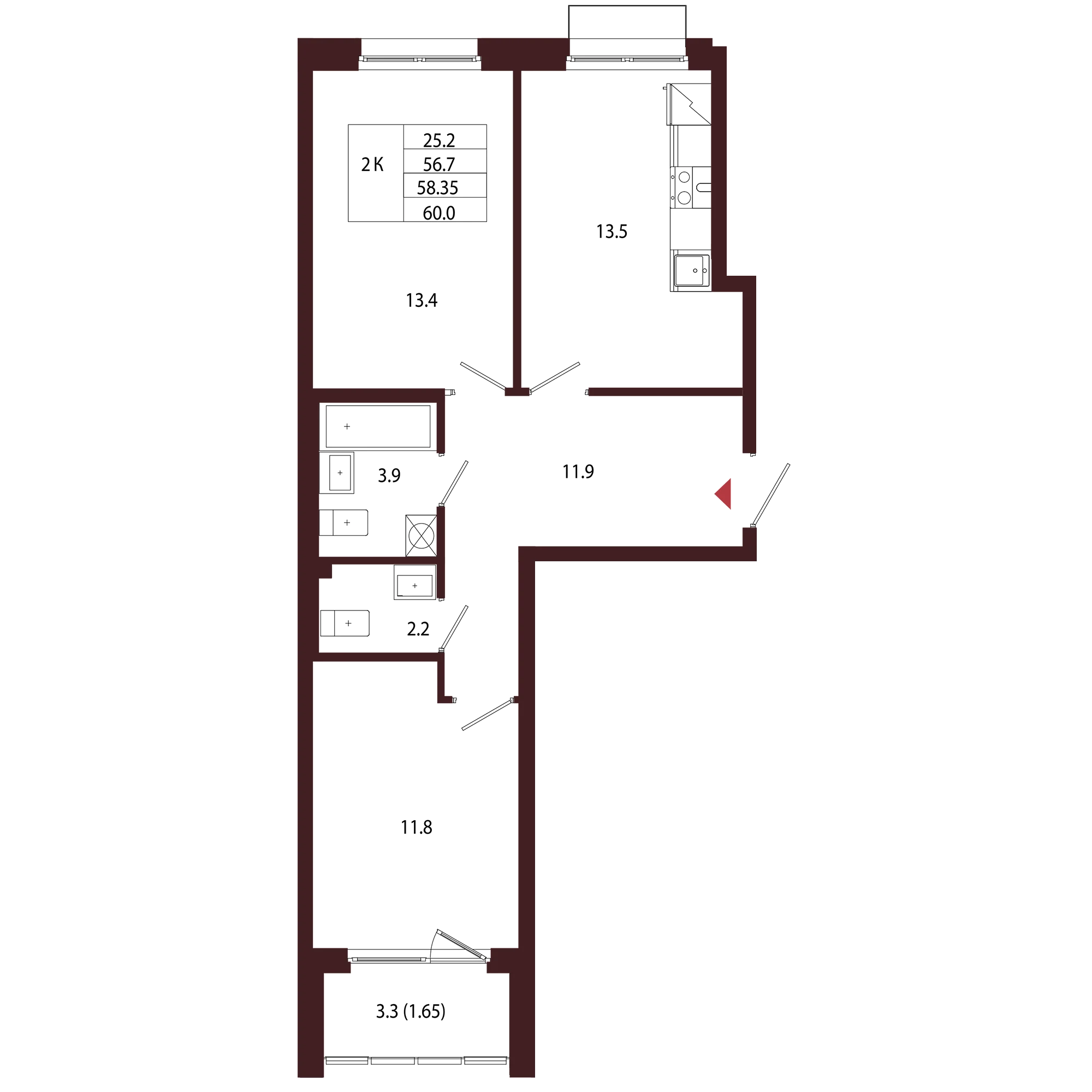 Планировка 2-комнатная 58,4 м² в ЖК «Город-парк «Лисино» — Город-парк «Лисино»