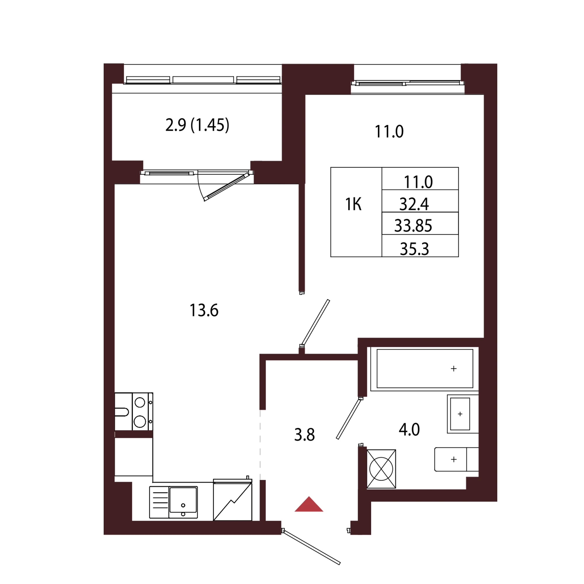 Планировка 1-комнатная 33,9 м² в ЖК «Город-парк «Лисино» — Город-парк «Лисино»