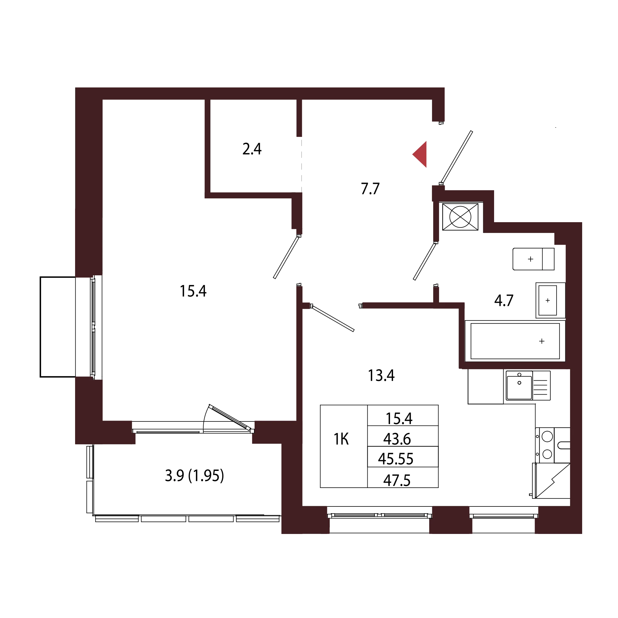 Планировка 1-комнатная 45,5 м² в ЖК «Город-парк «Лисино» — Город-парк «Лисино»