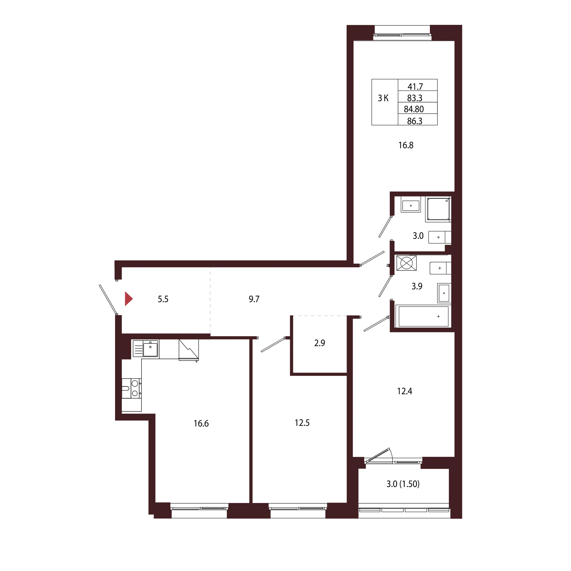 Планировка 3-комнатная 84,8 м² в ЖК «Город-парк «Лисино» — Город-парк «Лисино»