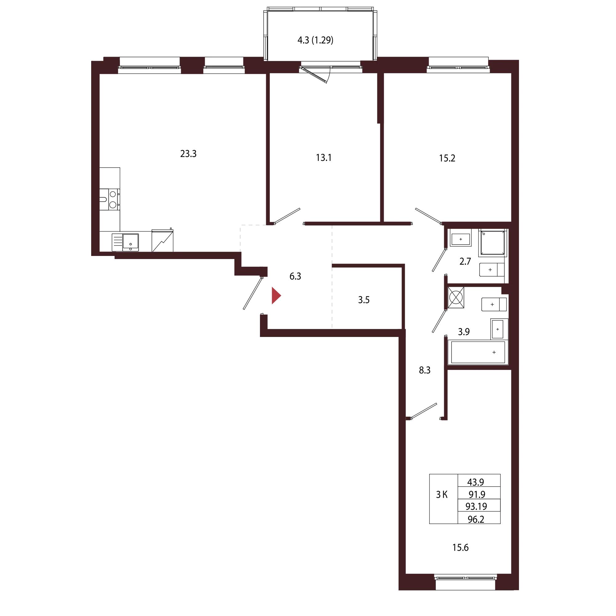 Планировка 3-комнатная 93,2 м² в ЖК «Город-парк «Лисино» — Город-парк «Лисино»