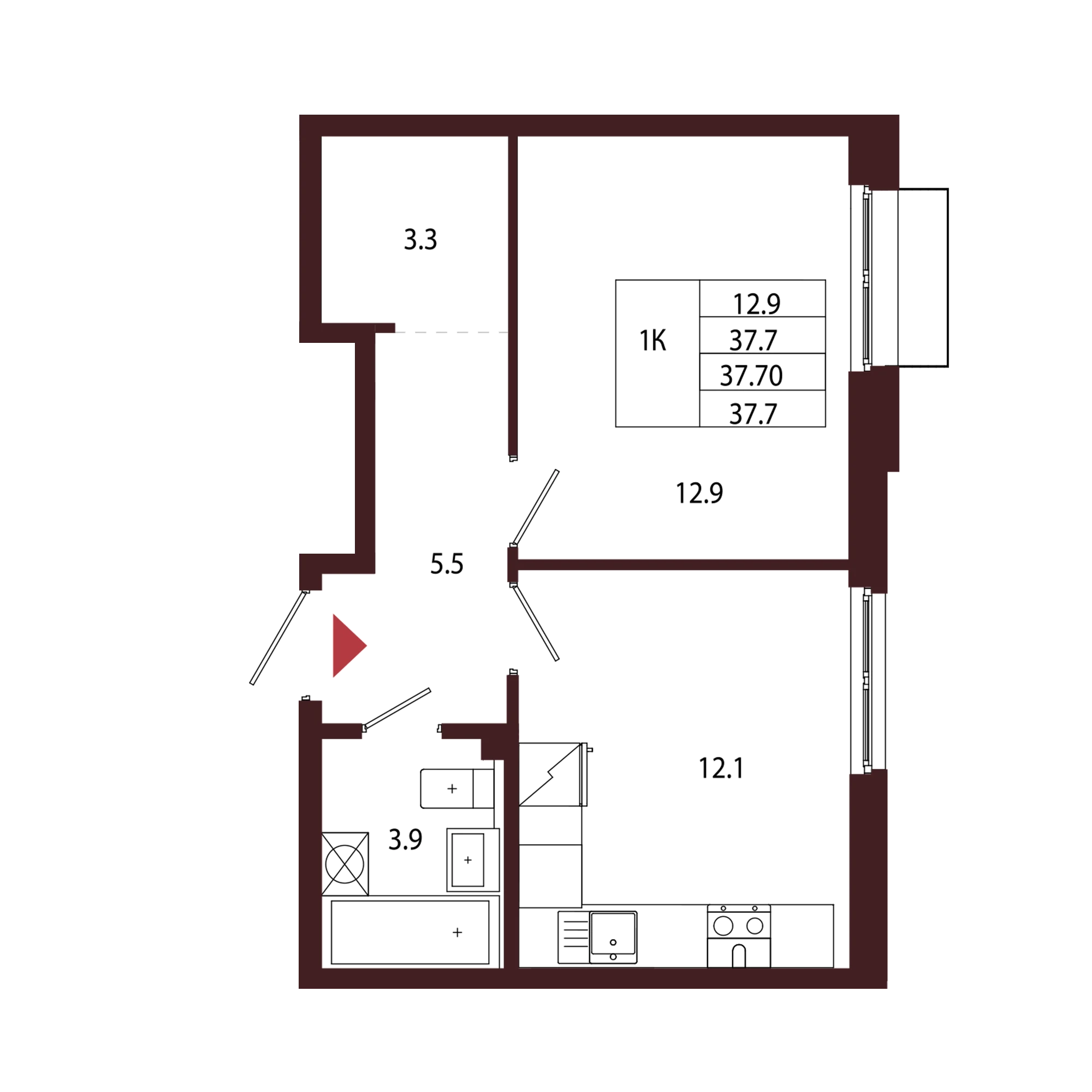 Планировка 1-комнатная 37,7 м² в ЖК «Город-парк «Лисино» — Город-парк «Лисино»