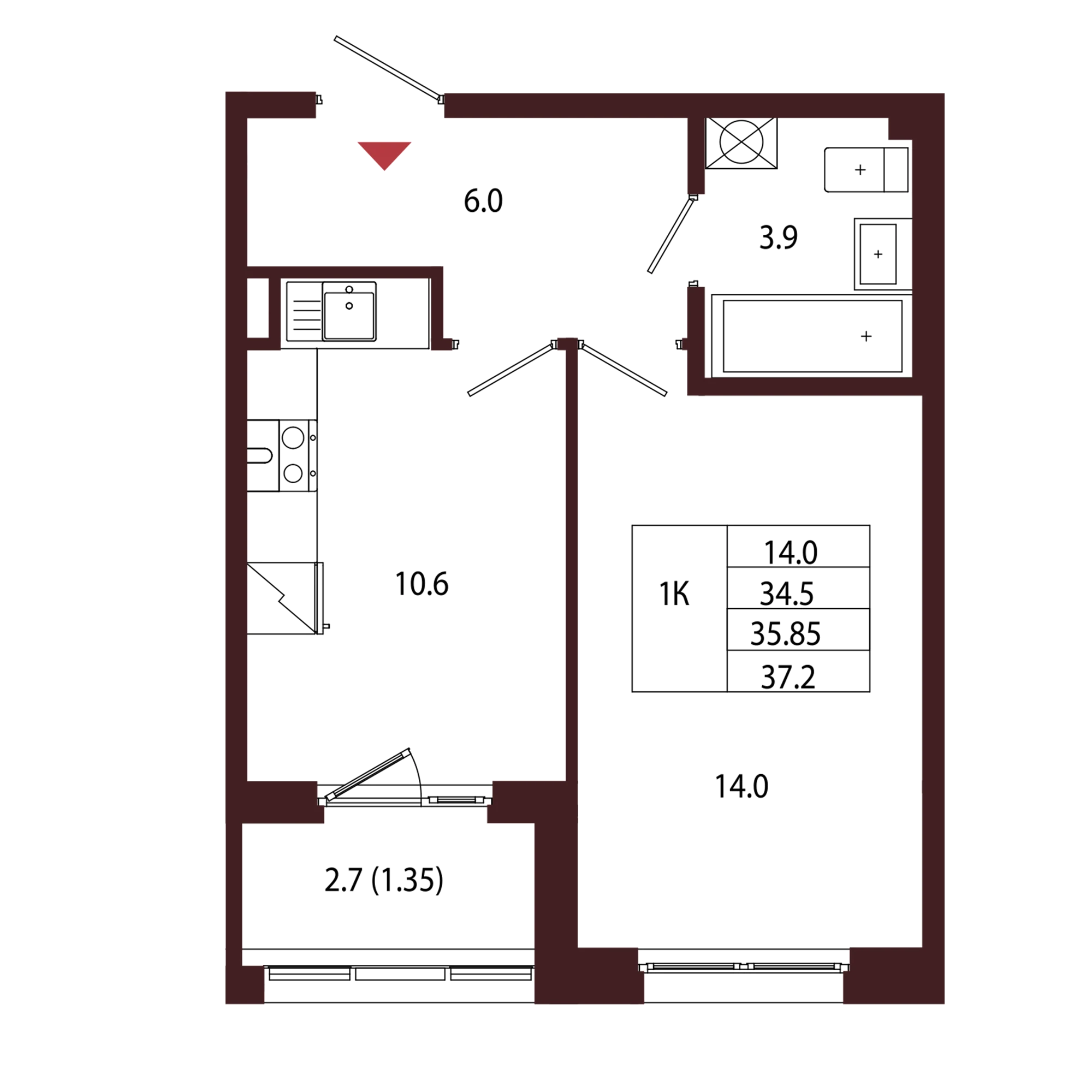 Планировка 1-комнатная 35,9 м² в ЖК «Город-парк «Лисино» — Город-парк «Лисино»