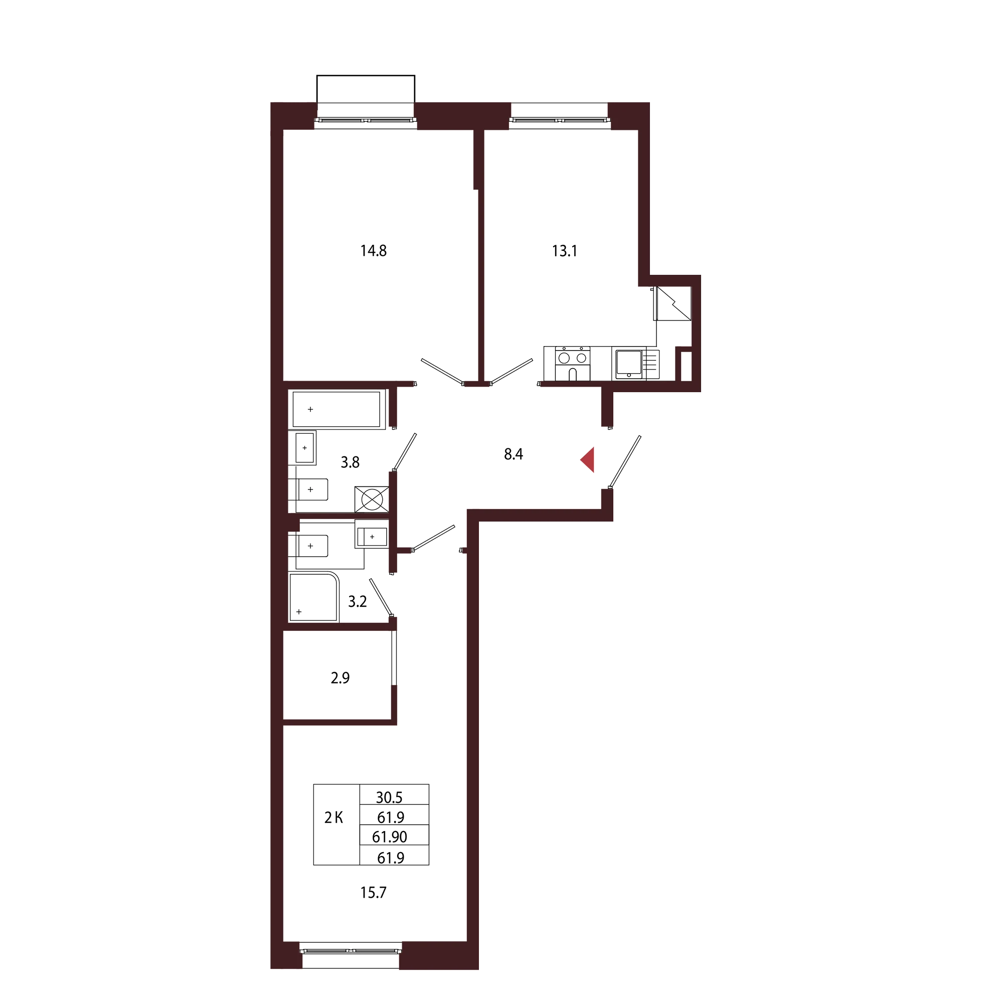 Планировка 2-комнатная 61,9 м² в ЖК «Город-парк «Лисино» — Город-парк «Лисино»