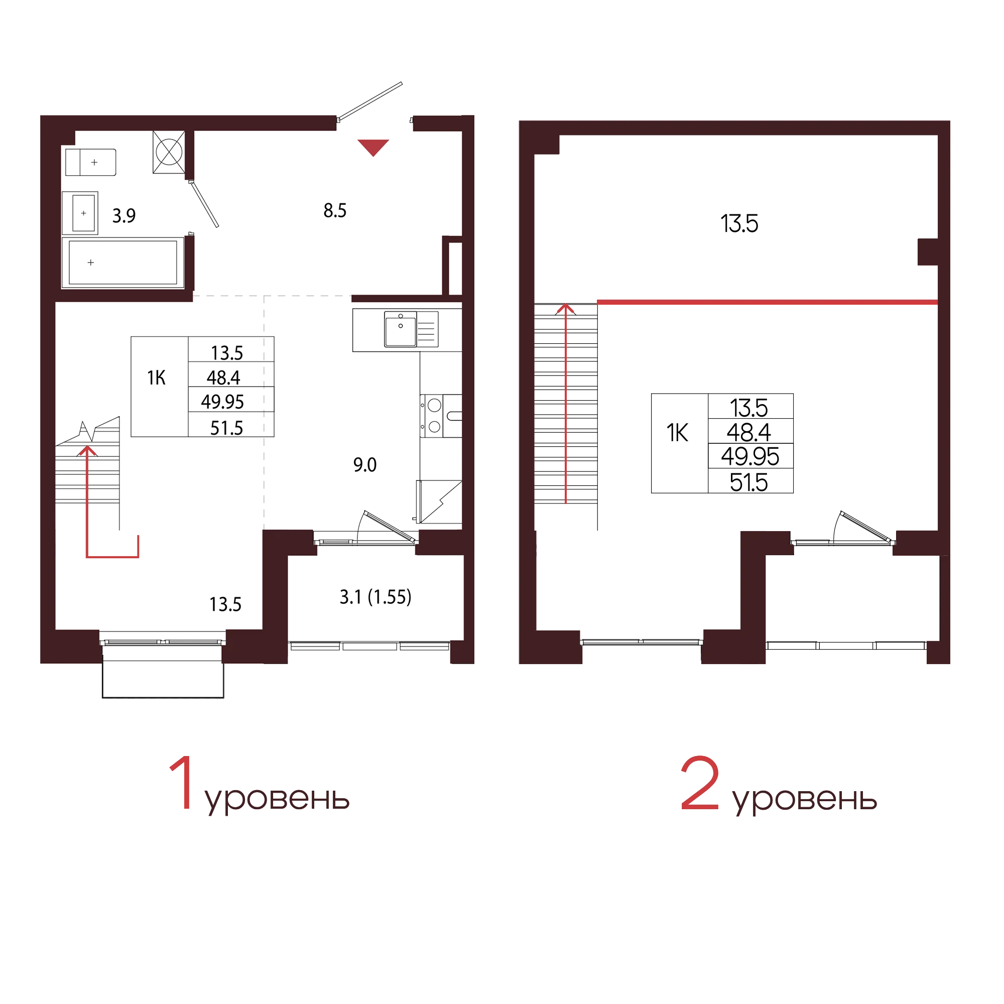Планировка 1-комнатная 50 м² в ЖК «Город-парк «Лисино» — Город-парк «Лисино»