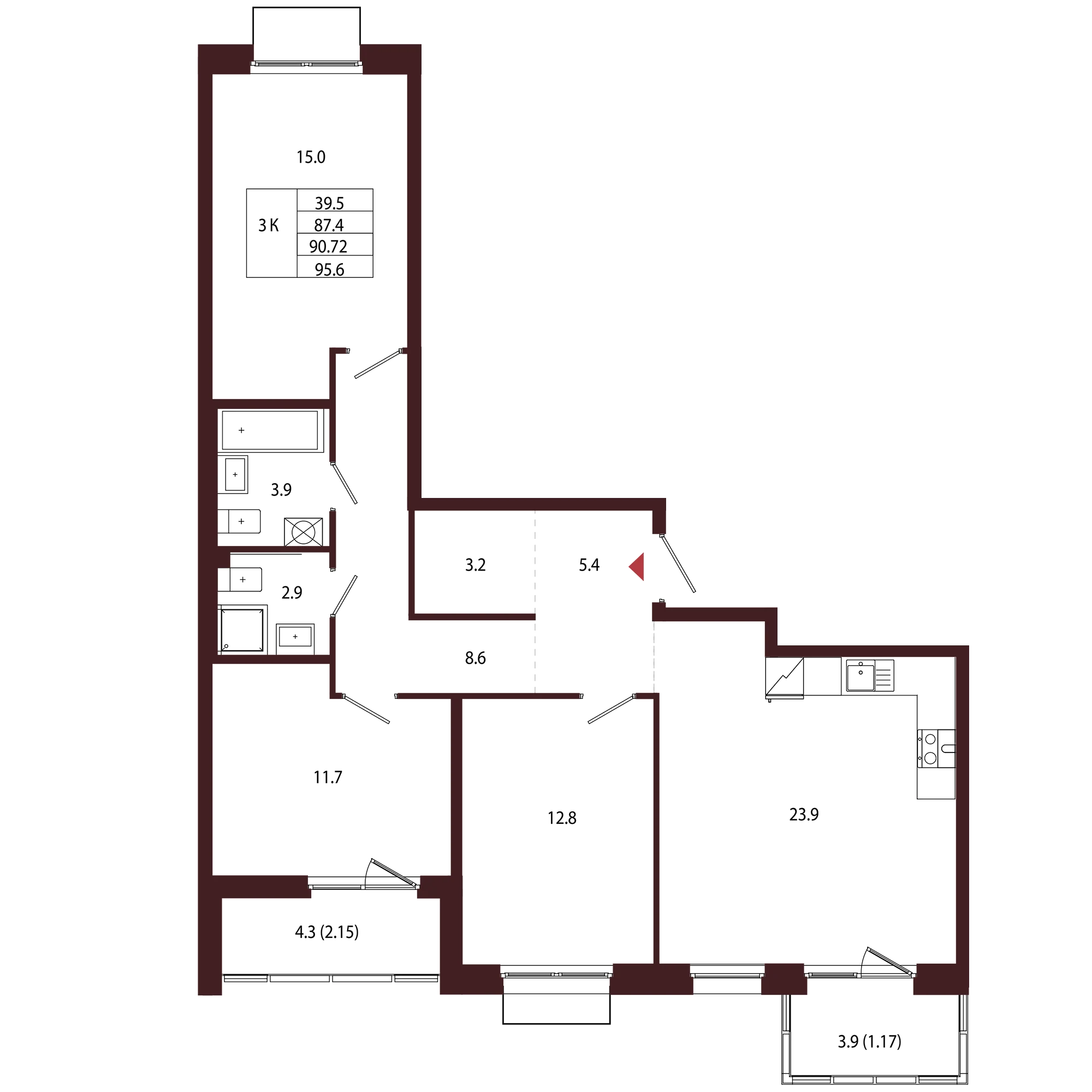 Планировка 3-комнатная 90,7 м² в ЖК «Город-парк «Лисино» — Город-парк «Лисино»