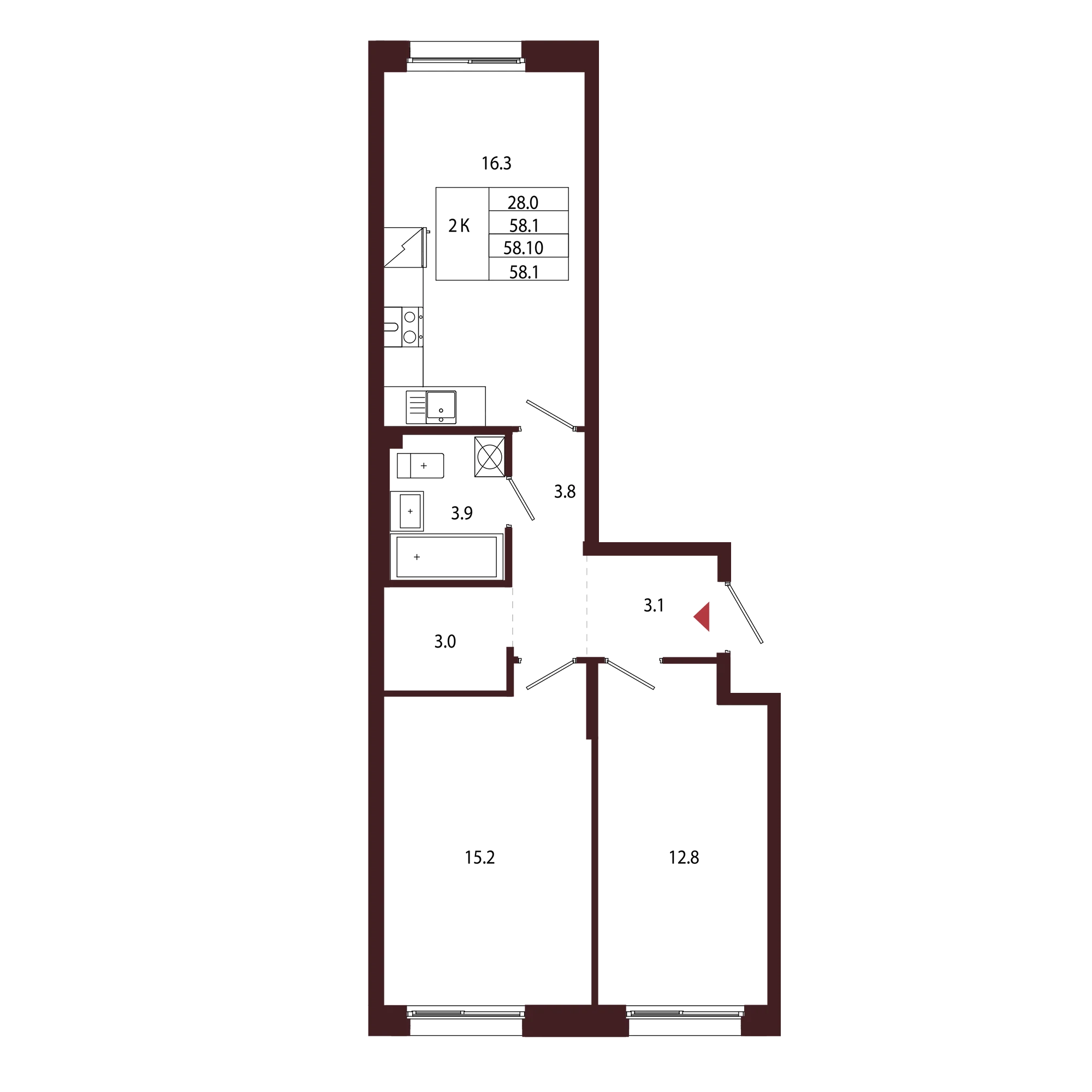 Планировка 2-комнатная 58,1 м² в ЖК «Город-парк «Лисино» — Город-парк «Лисино»