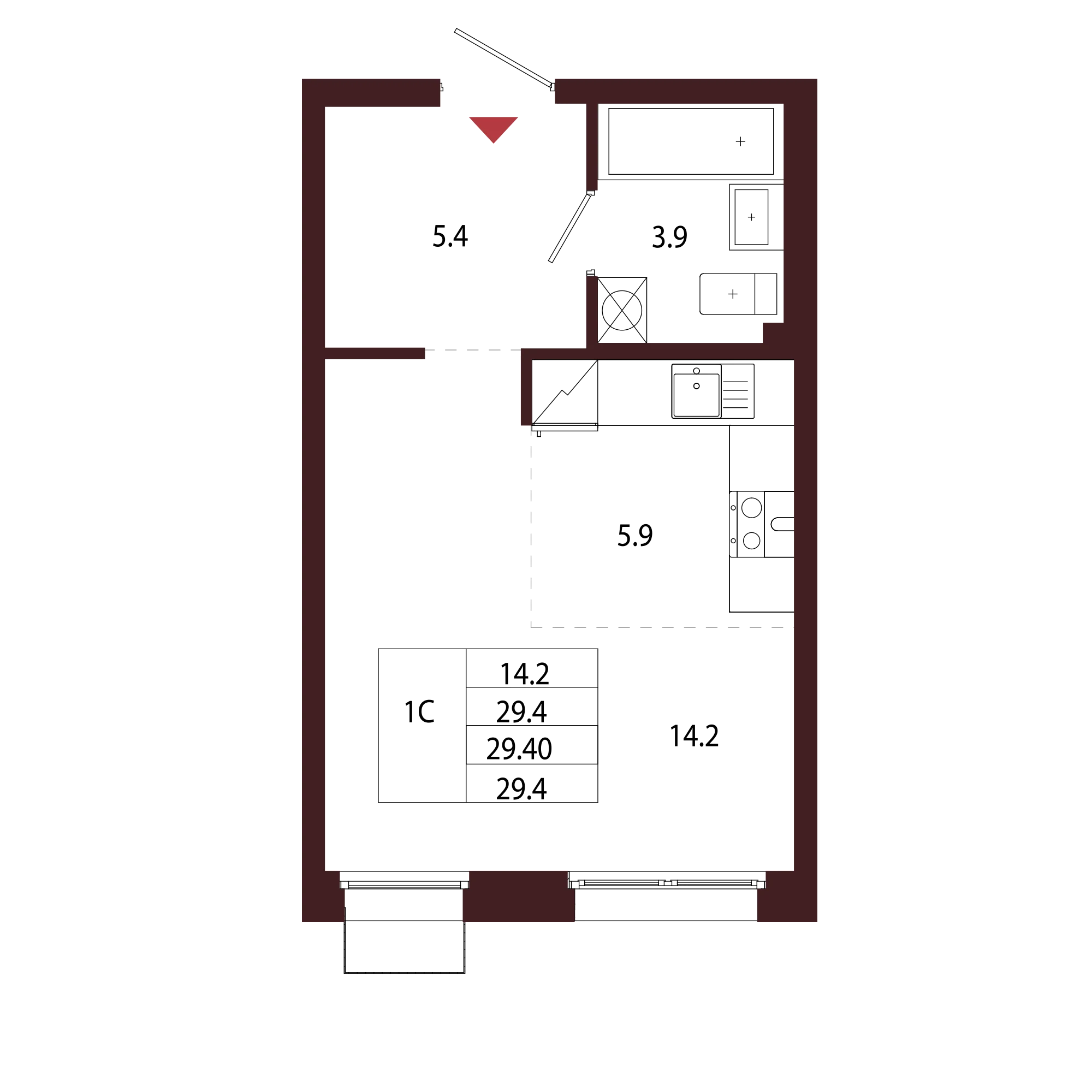 Планировка 1-комнатная 29,4 м² в ЖК «Город-парк «Лисино» — Город-парк «Лисино»