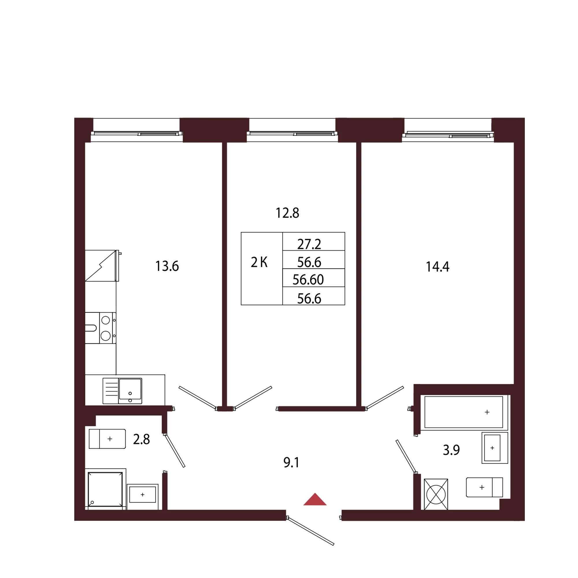 Планировка 2-комнатная 56,6 м² в ЖК «Город-парк «Лисино» — Город-парк «Лисино»
