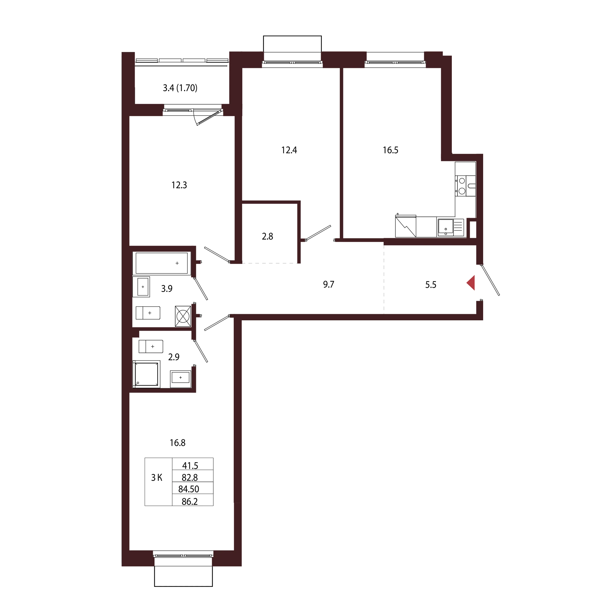 Планировка 3-комнатная 84,5 м² в ЖК «Город-парк «Лисино» — Город-парк «Лисино»