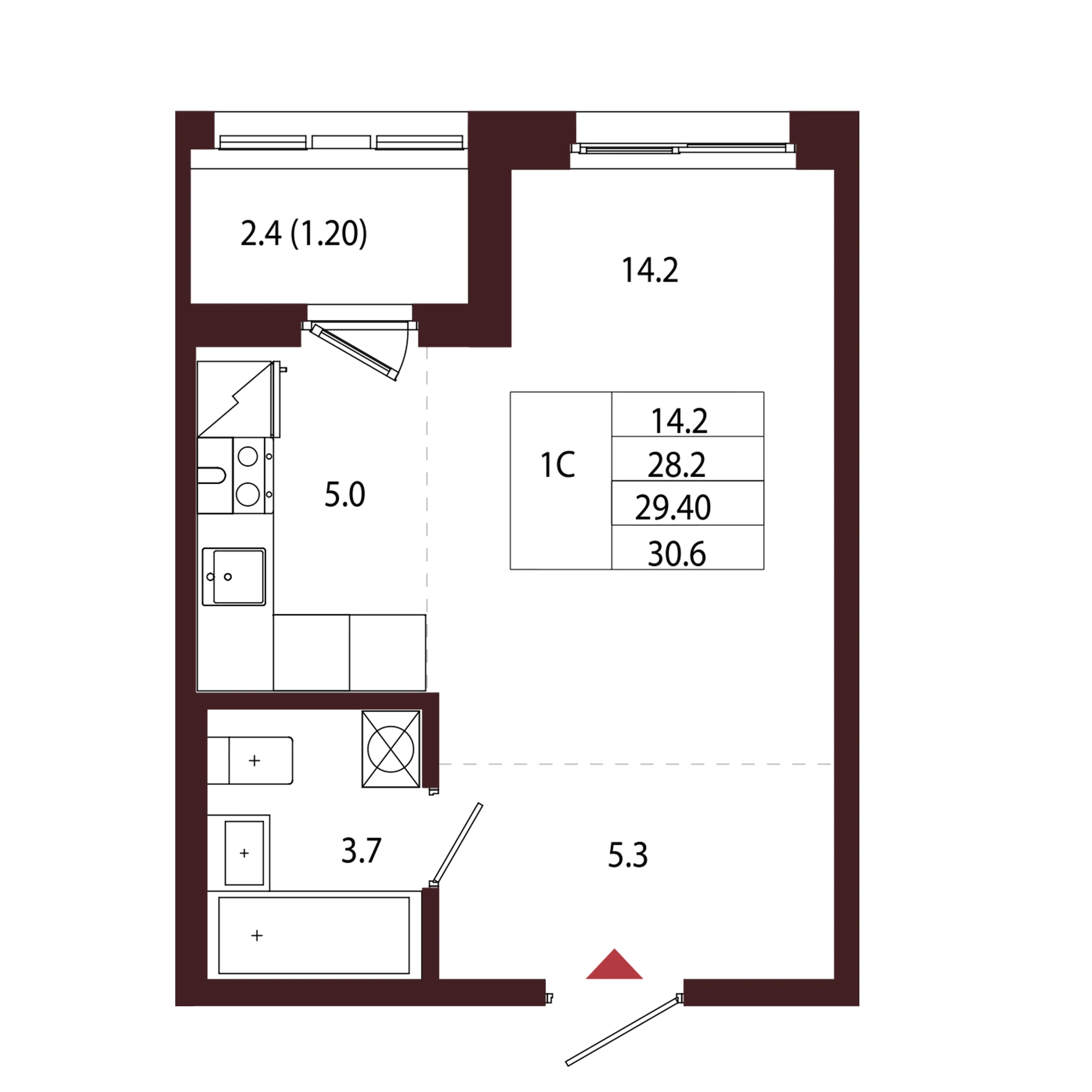 Планировка 1-комнатная 29,4 м² в ЖК «Город-парк «Лисино» — Город-парк «Лисино»